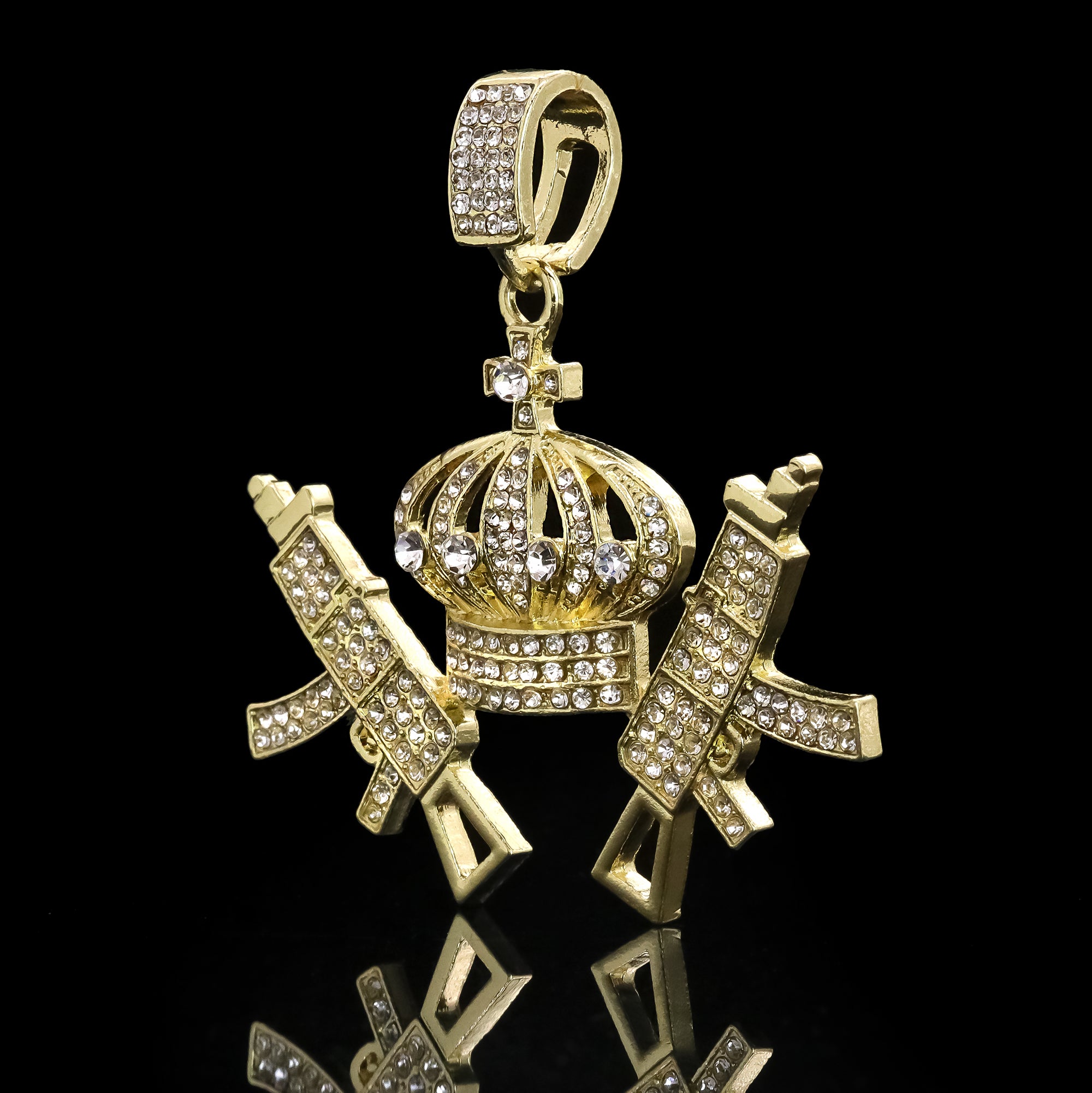 Hip Hop Iced Lab Diamond 18k Gold plated Crown AK47 Gun Charm Pendant