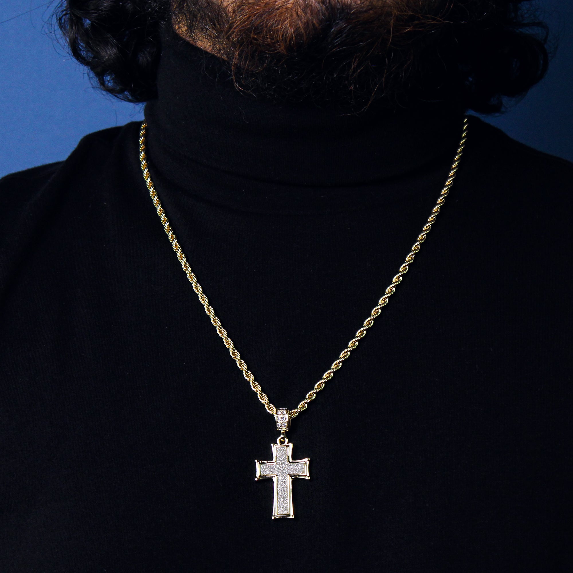 Curb Cross Pendant 24" Rope Chain Men's 18k Gold Plated Jewelry