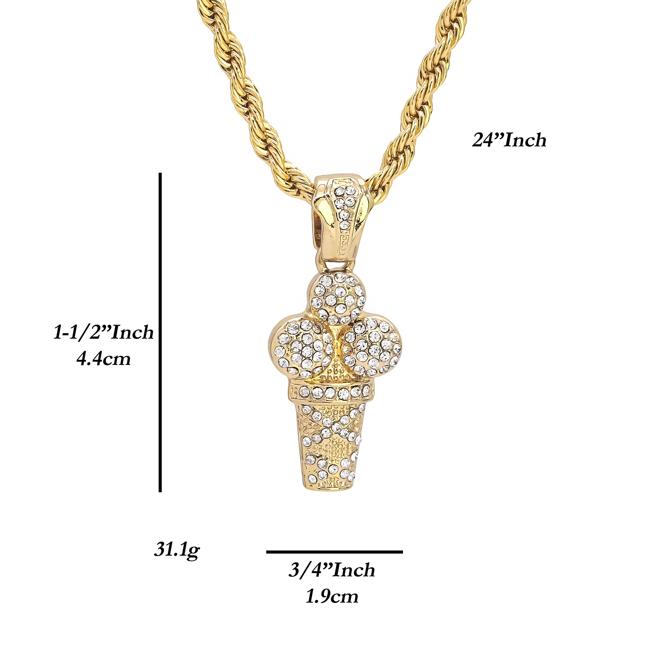Ice Cream Pendant 24" Rope Chain Men's 18k Gold Plated Jewelry