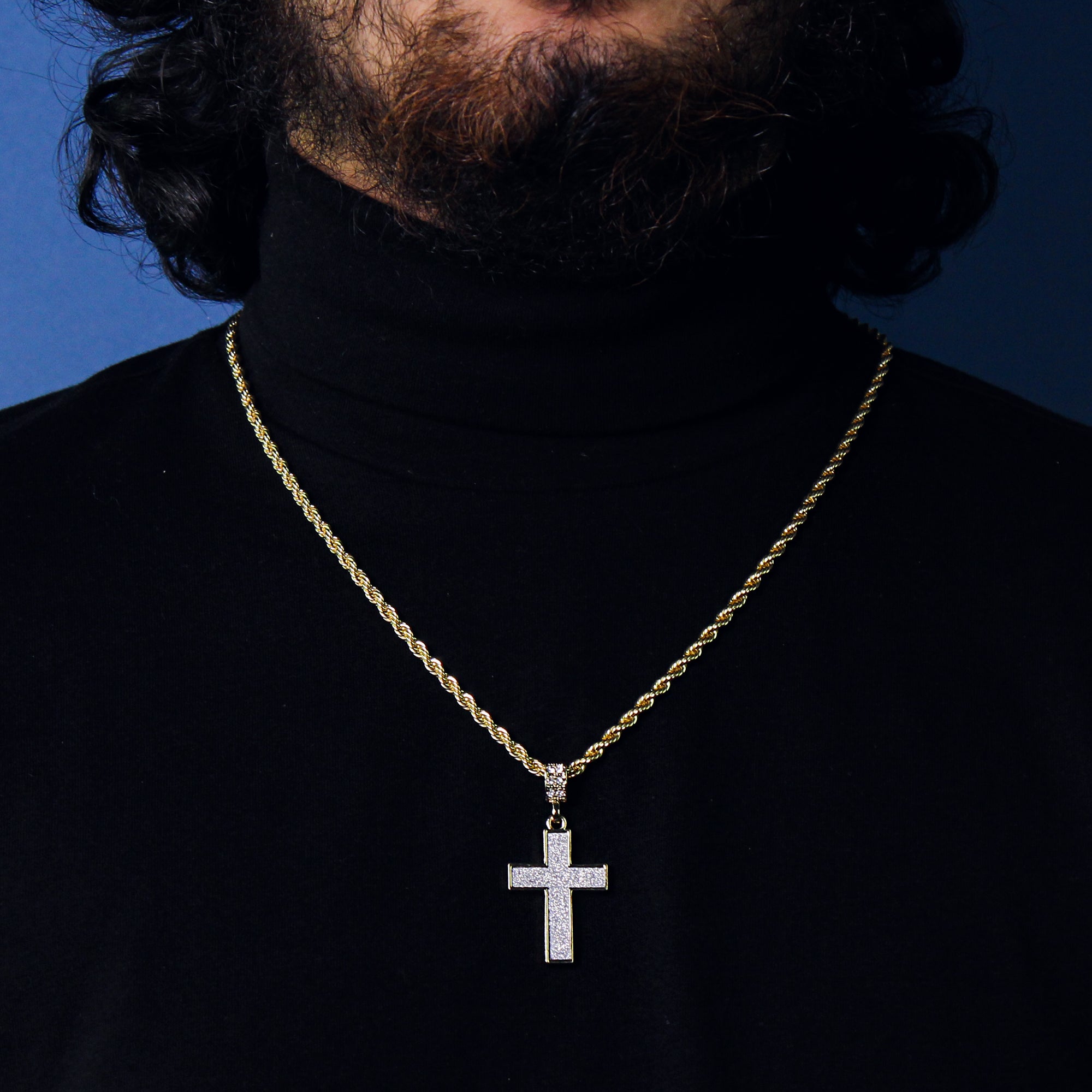 Stardust Cross Pendant 24" Rope Chain Men's 18k Gold Plated Jewelry