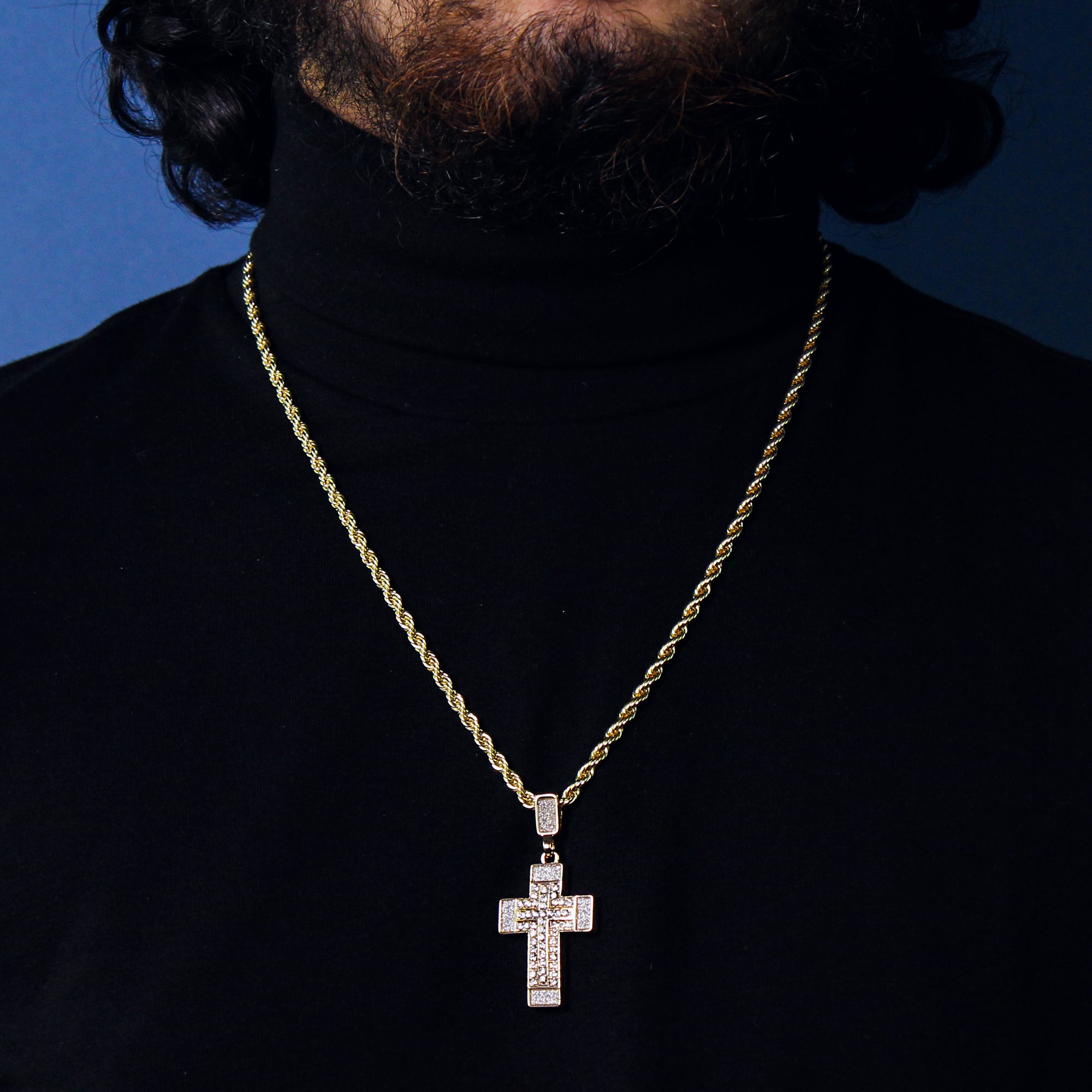 Stardust Stample Cross Pendant 24" Rope Chain Men's 18k Gold Plated Jewelry