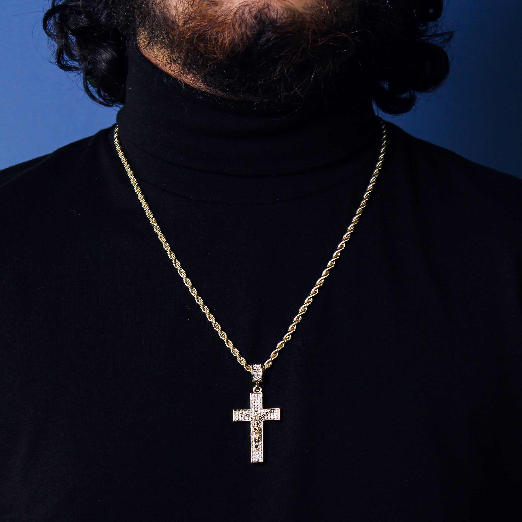 Jesus 3 Row Cross Pendant 24" Rope Chain Men's 18k Gold Plated Jewelry