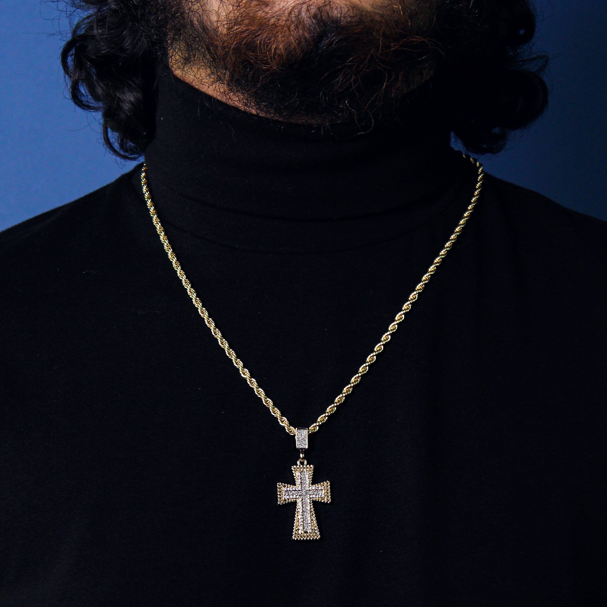 Patte Iced Cross Pendant 24" Rope Chain Men's 18k Gold Plated Jewelry