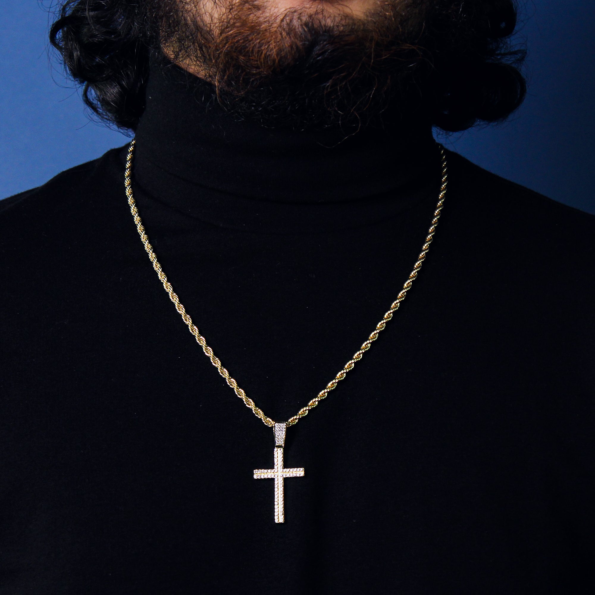 Slim Cross Two Row Pendant 24" Rope Chain Men's 18k Gold Plated Jewelry