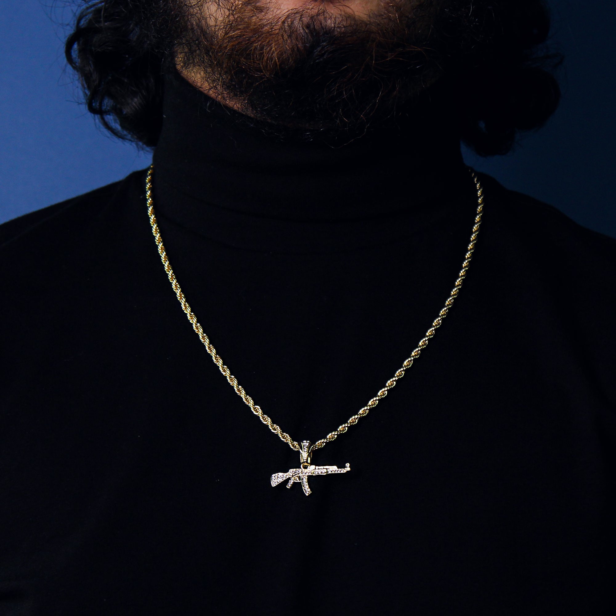 Ak-47 Gun Pendant 24" Rope Chain Men's 18k Gold Plated Jewelry