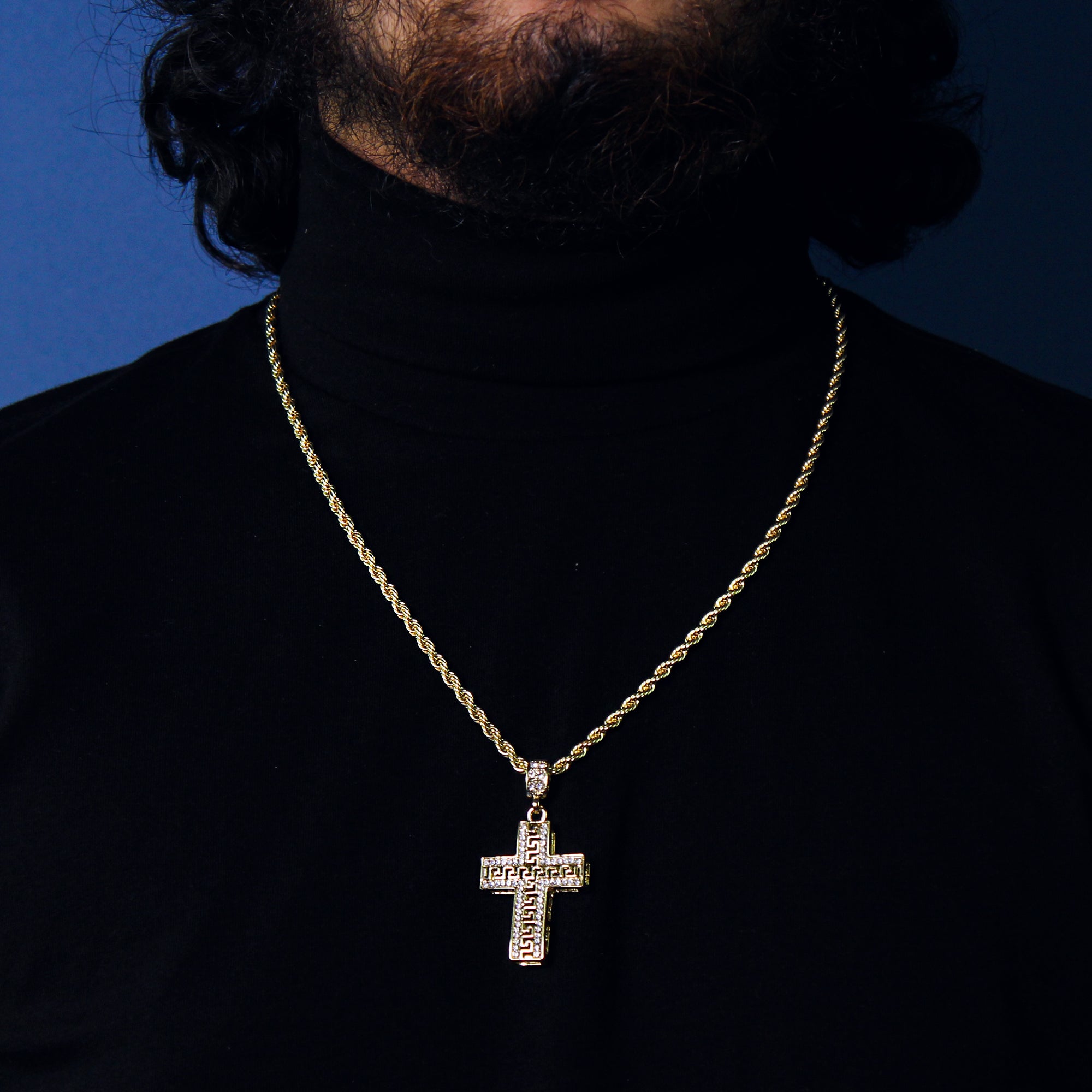 Design Cross Pendant 24" Rope Chain Men's 18k Gold Plated Jewelry