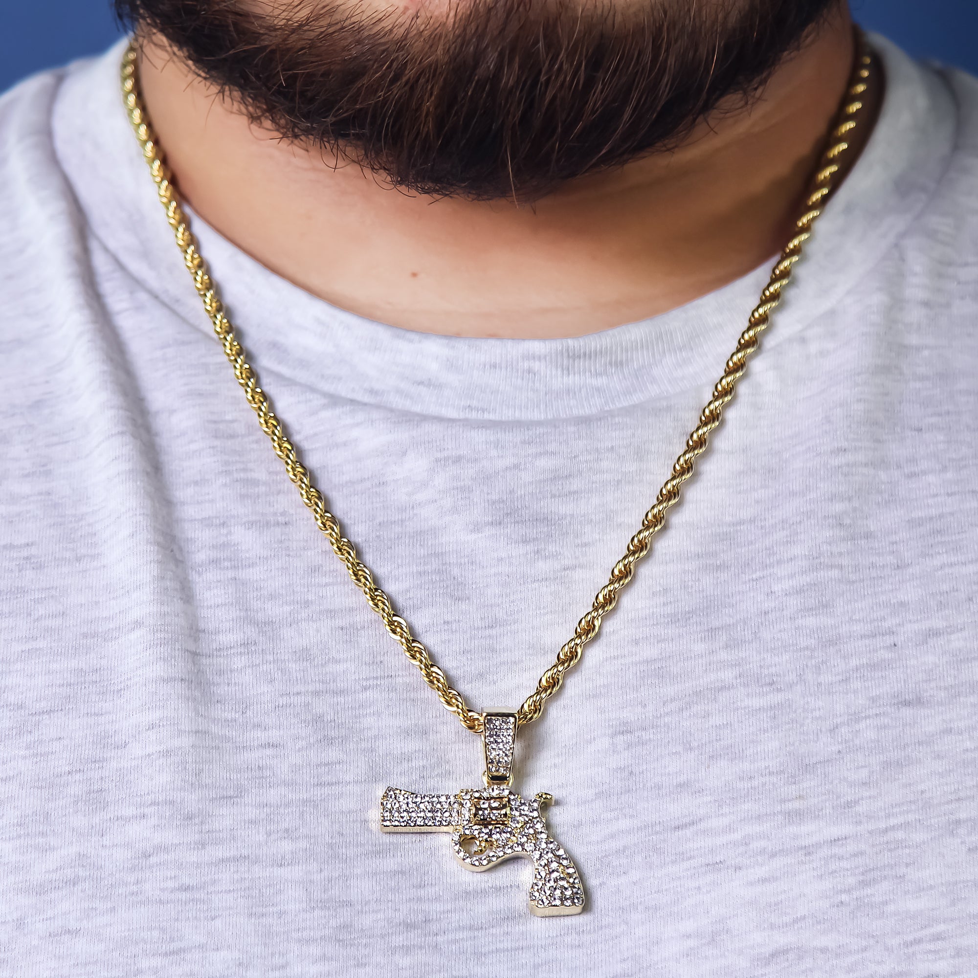 Gun Pendant 24" Rope Chain Men's 18k Gold Plated Jewelry