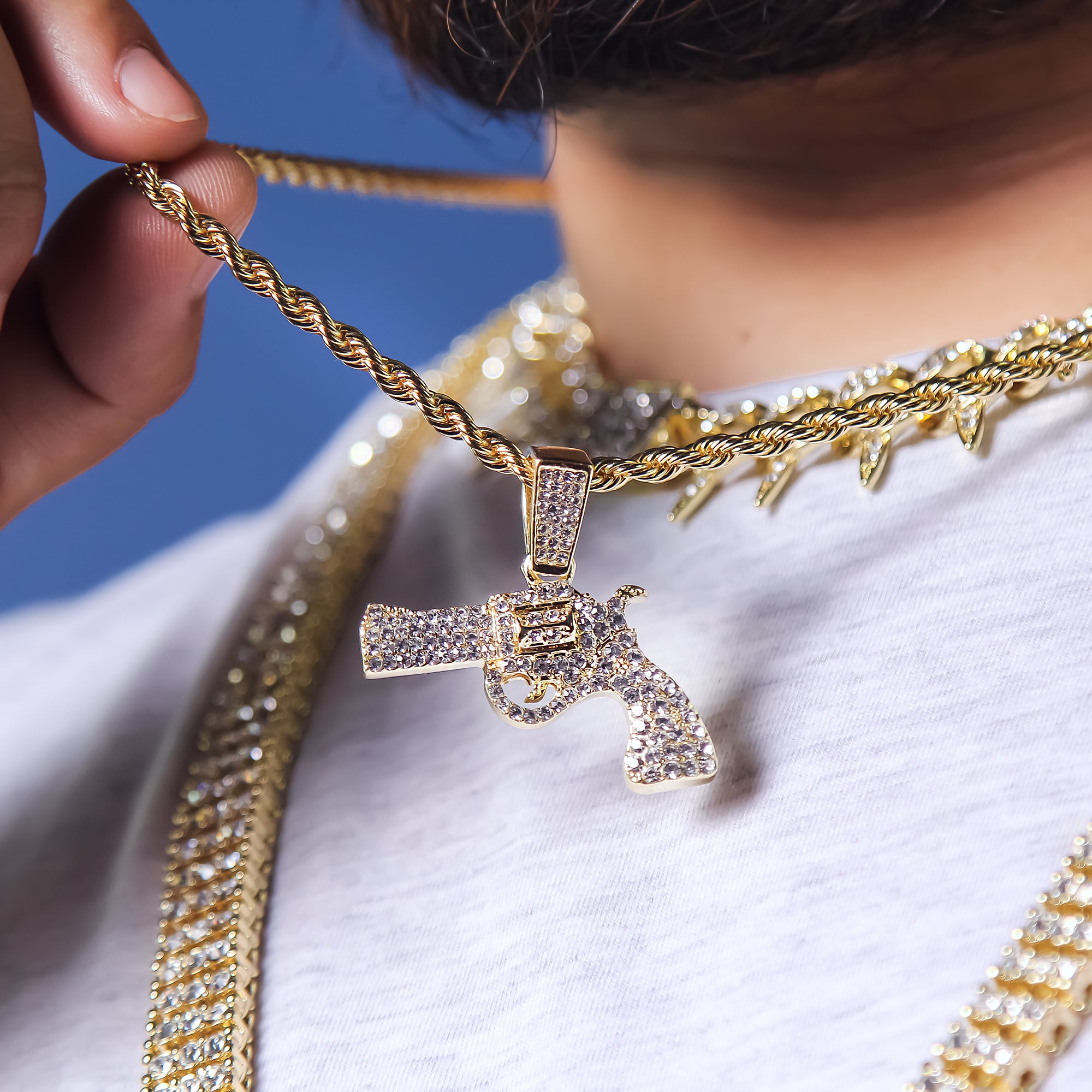 Gun Pendant 24" Rope Chain Men's 18k Gold Plated Jewelry