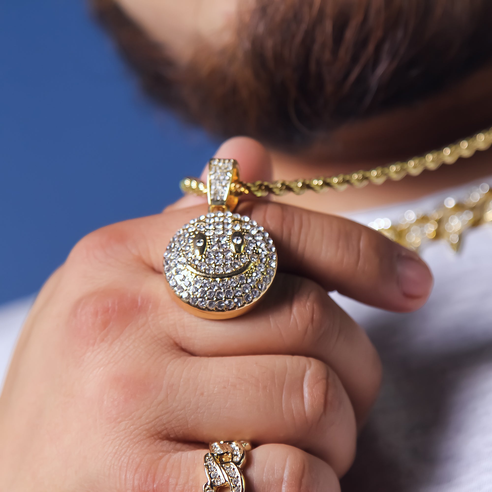 Smile Face Pendant 24" Rope Chain Men's 18k Gold Plated Jewelry