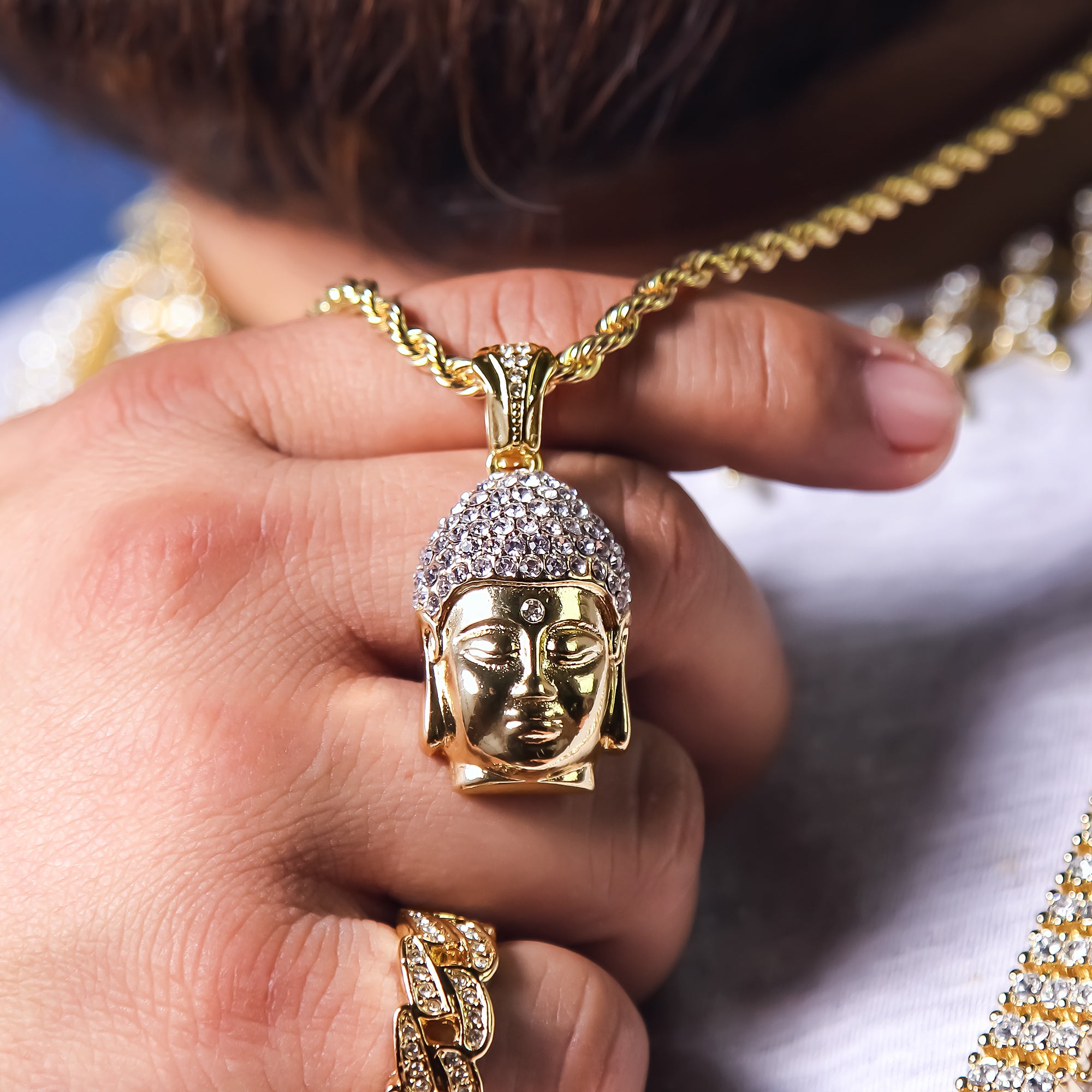 Buddha Face Pendant 24" Rope Chain Men's 18k Gold Plated Jewelry