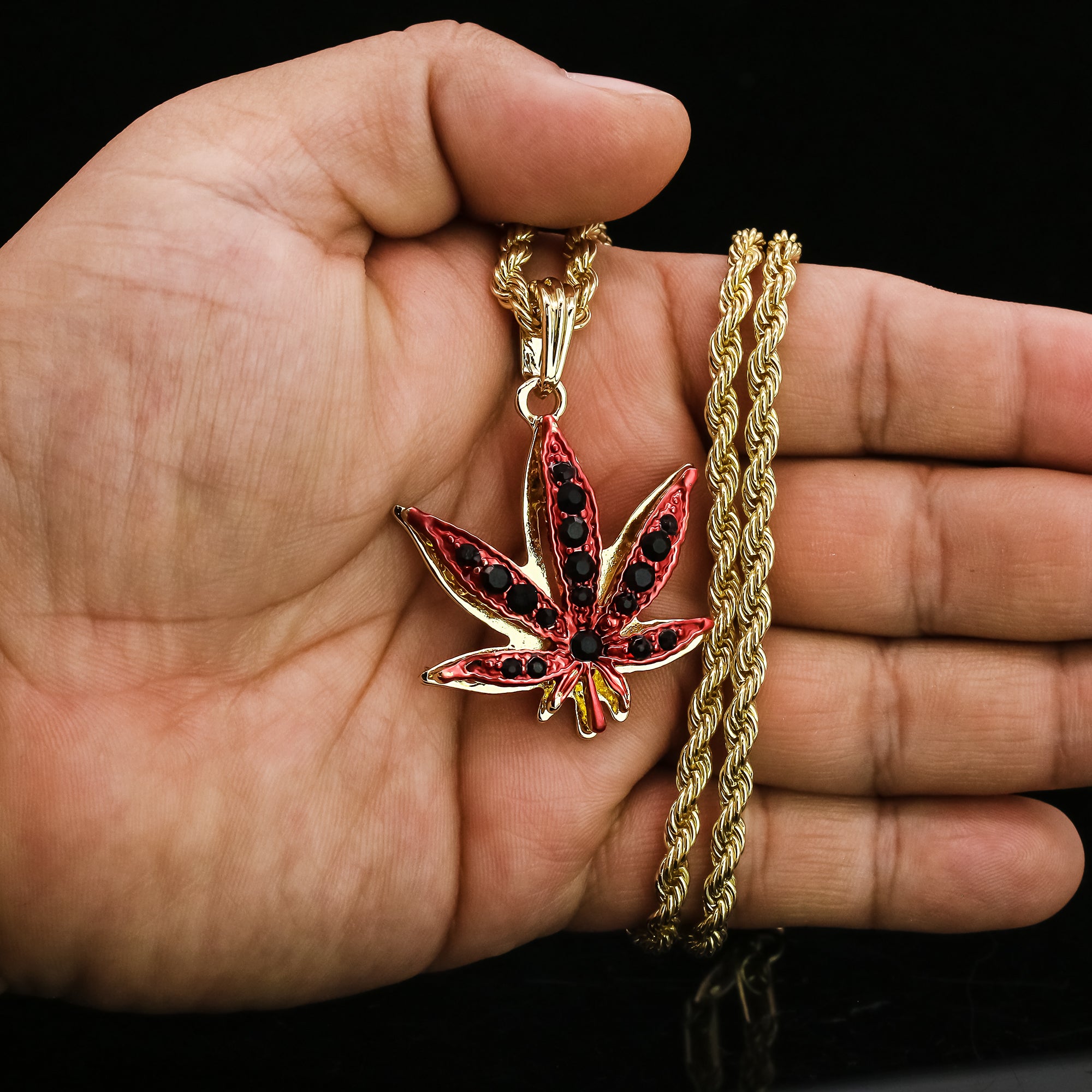 Red Marijuana Pendant 24" Rope Chain Hip Hop 18k Jewelry Necklace