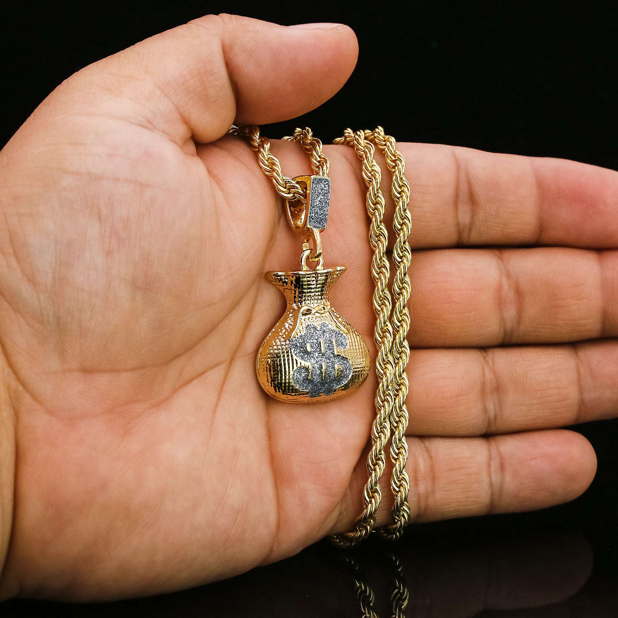 Stardust Money Bag Pendant 24" Rope Chain Hip Hop 18k Jewelry Necklace