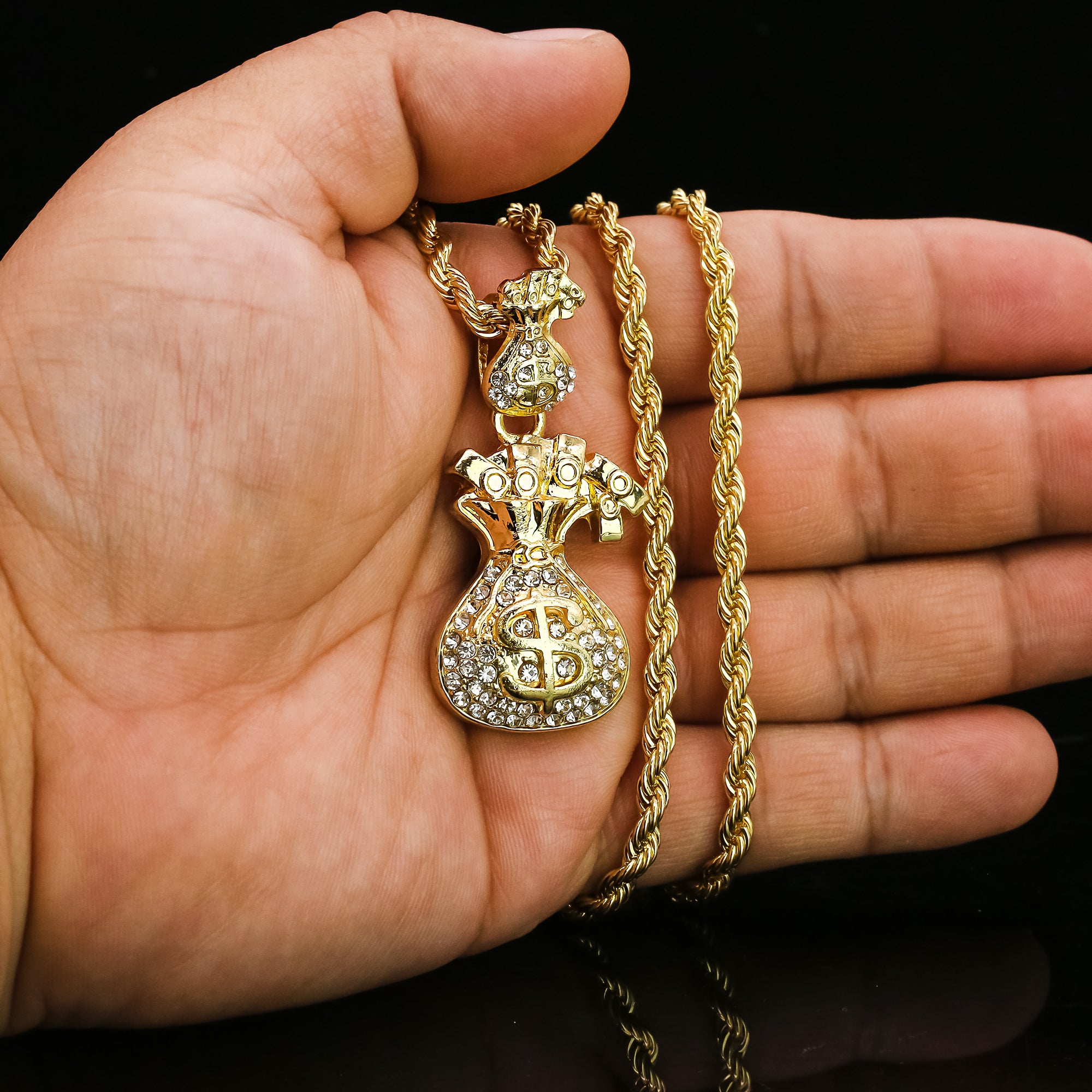 Cz Money Bag Pendant 24" Rope Chain Hip Hop 18k Jewelry Necklace