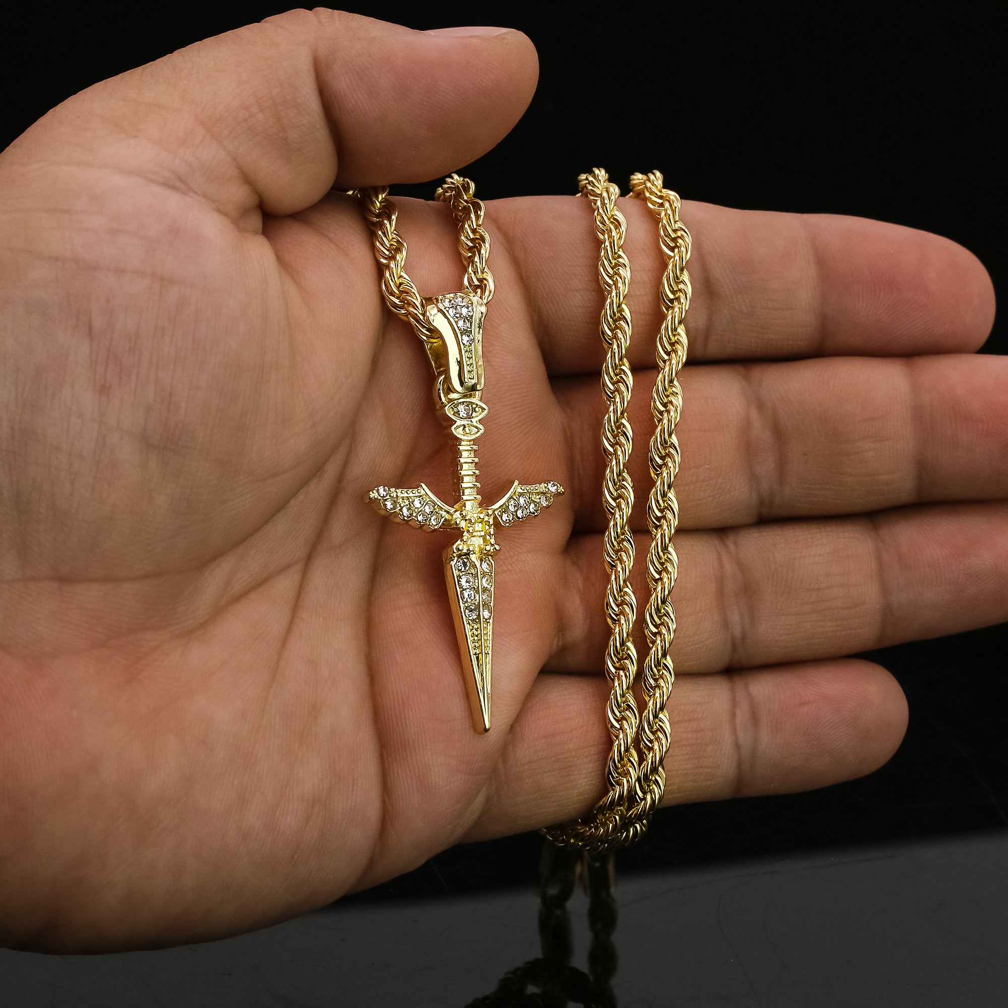 Dagger 21 Pendant 24" Rope Chain Men's 18k Gold Plated Jewelry