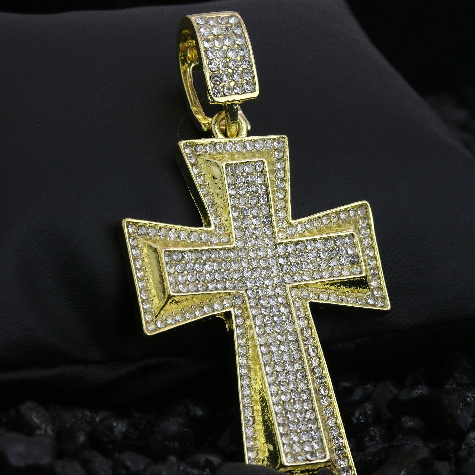 Hip Hop Iced Lab Diamond 18k Gold Plated Double 3D Cross Charm Pendant