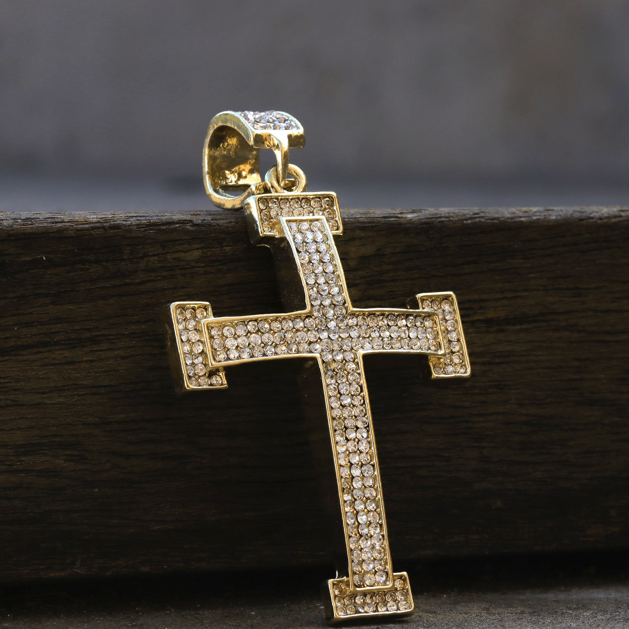 Hip Hop Iced Lab Diamond 18k Gold Plated Thin Staple Cross Charm Pendant