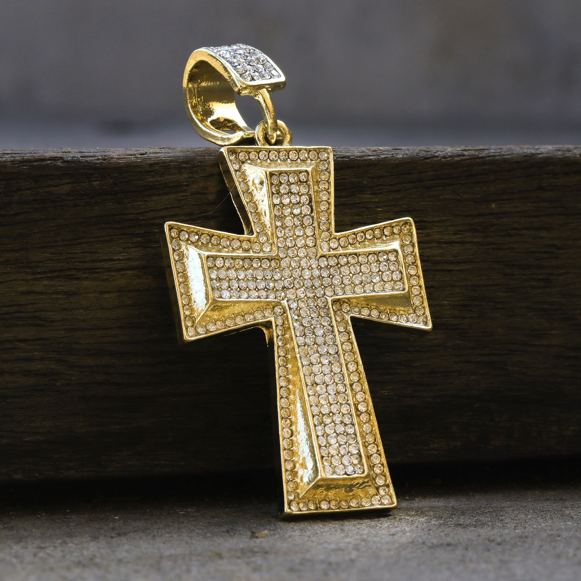 Hip Hop Iced Lab Diamond 18k Gold Plated Double 3D Cross Charm Pendant