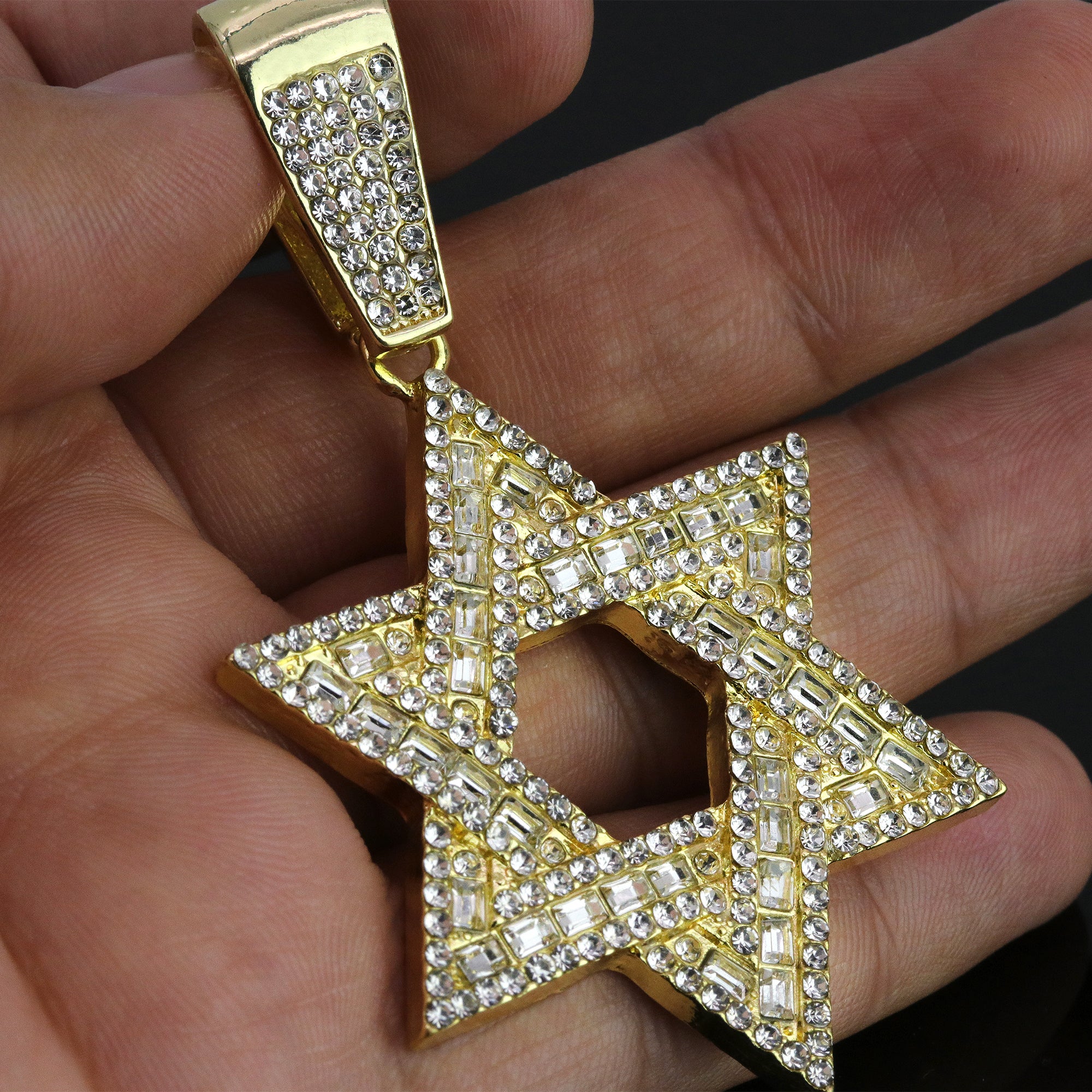 Hip Hop Iced Lab Diamond 18k Gold Plated Baguette Star of David Charm Pendant