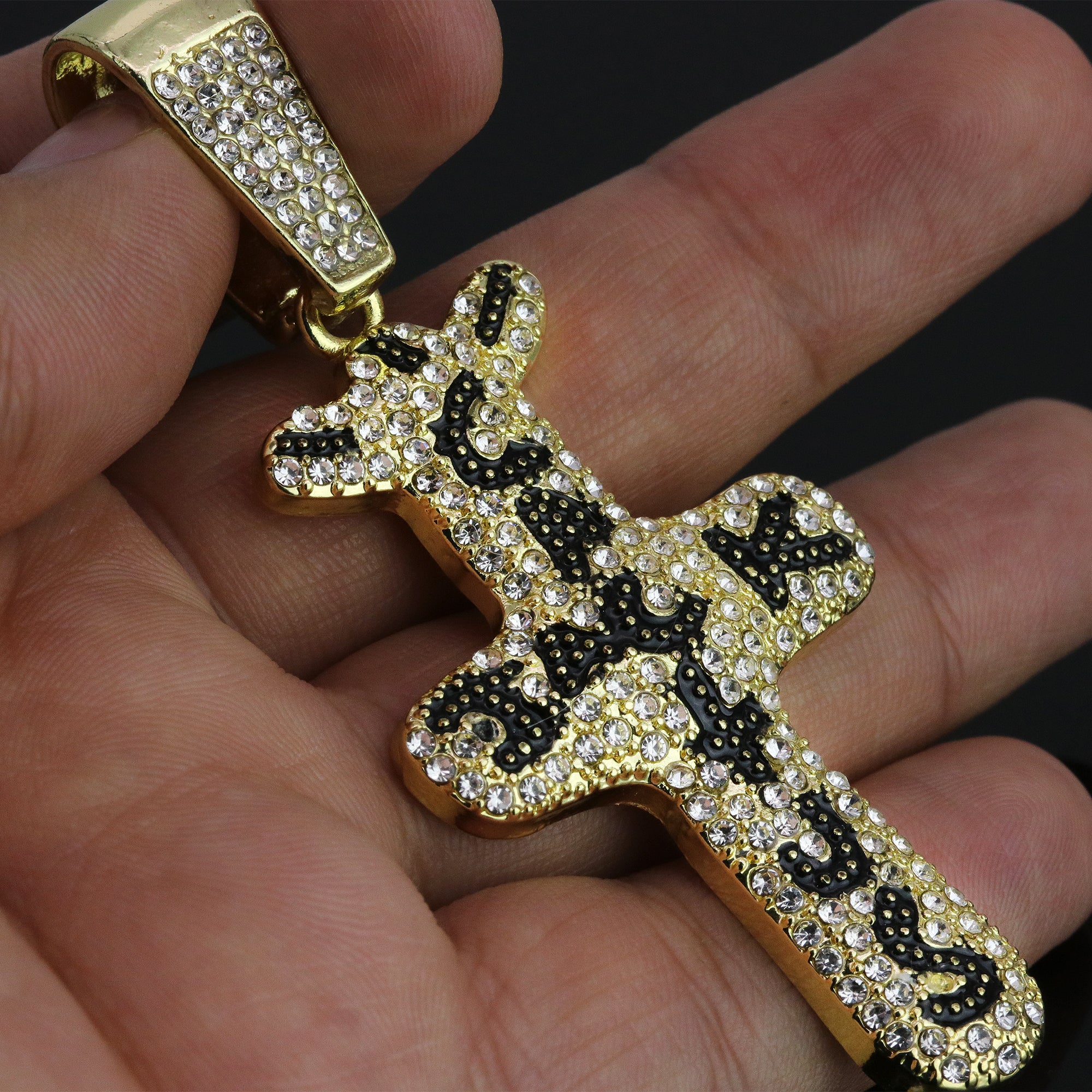 Hip Hop Iced Lab Diamond 18k Gold Plated Cactuss Word Cross Charm Pendant