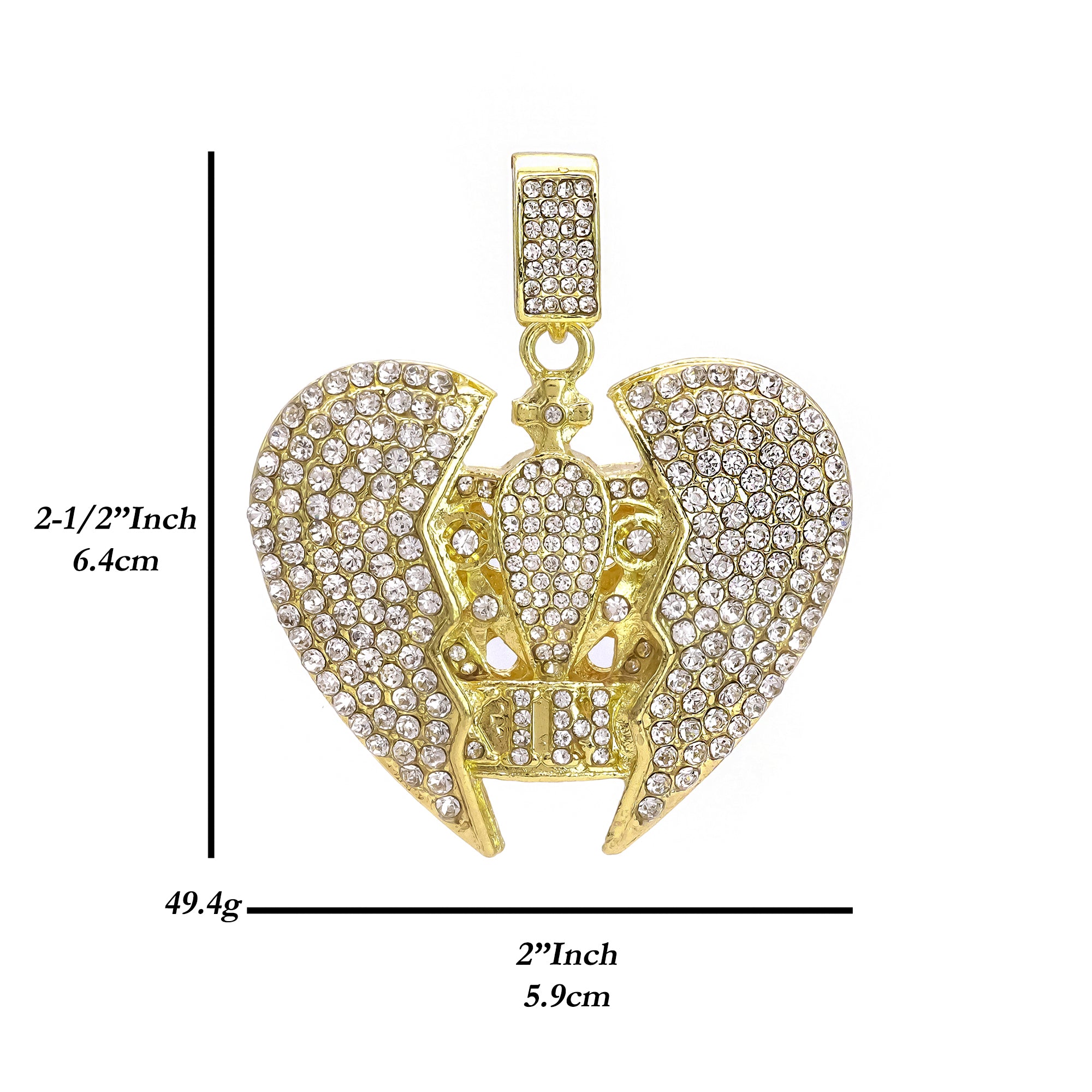 Hip Hop Iced Lab Diamond 18k Gold Plated Broken Heart King Crown Charm Pendant