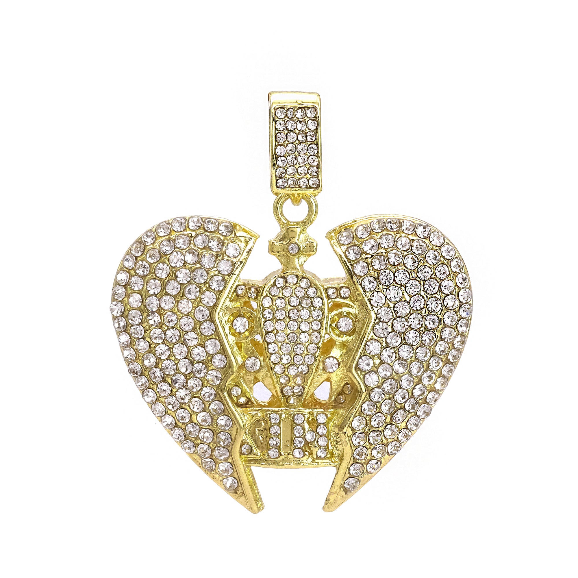 Hip Hop Iced Lab Diamond 18k Gold Plated Broken Heart King Crown Charm Pendant