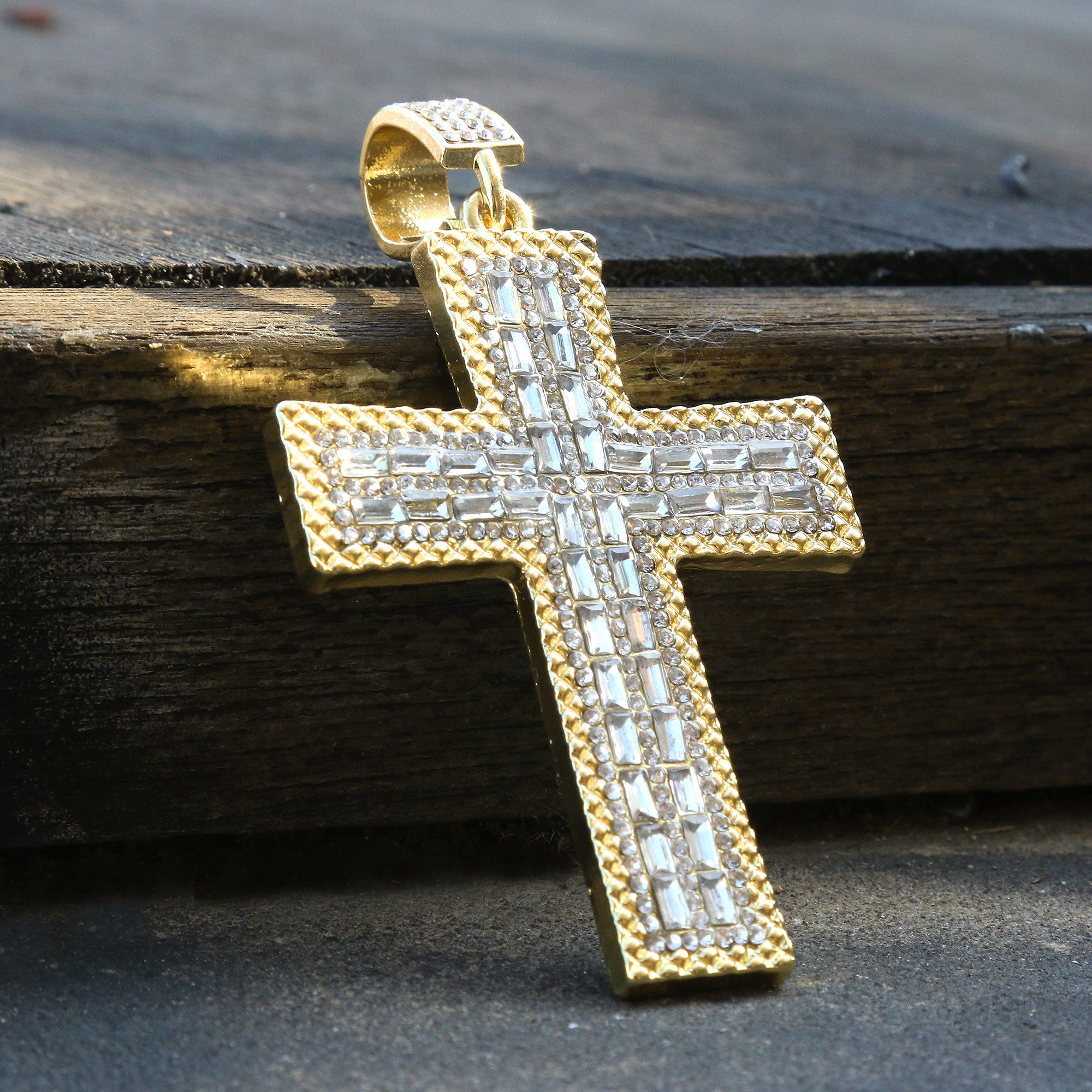 Hip Hop Iced Lab Diamond 18k Gold Plated Flat Baguette Cross Charm Pendant