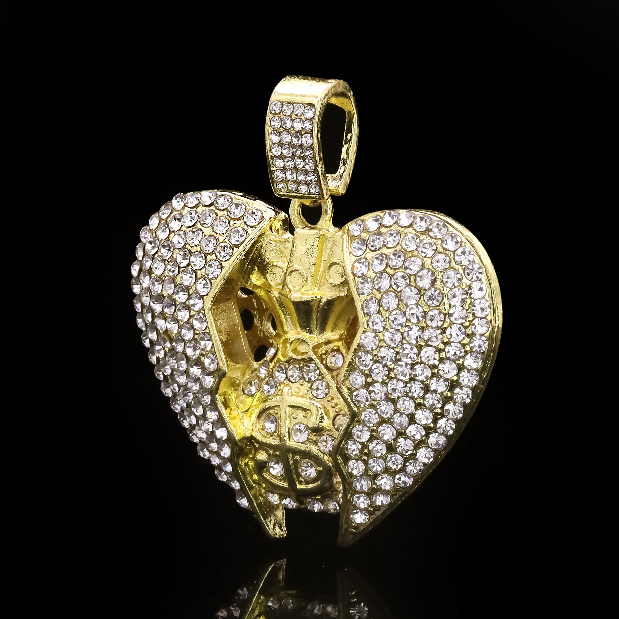 Hip Hop Iced Lab Diamond 18k Gold Plated Broken Heart Money Bag Charm Pendant