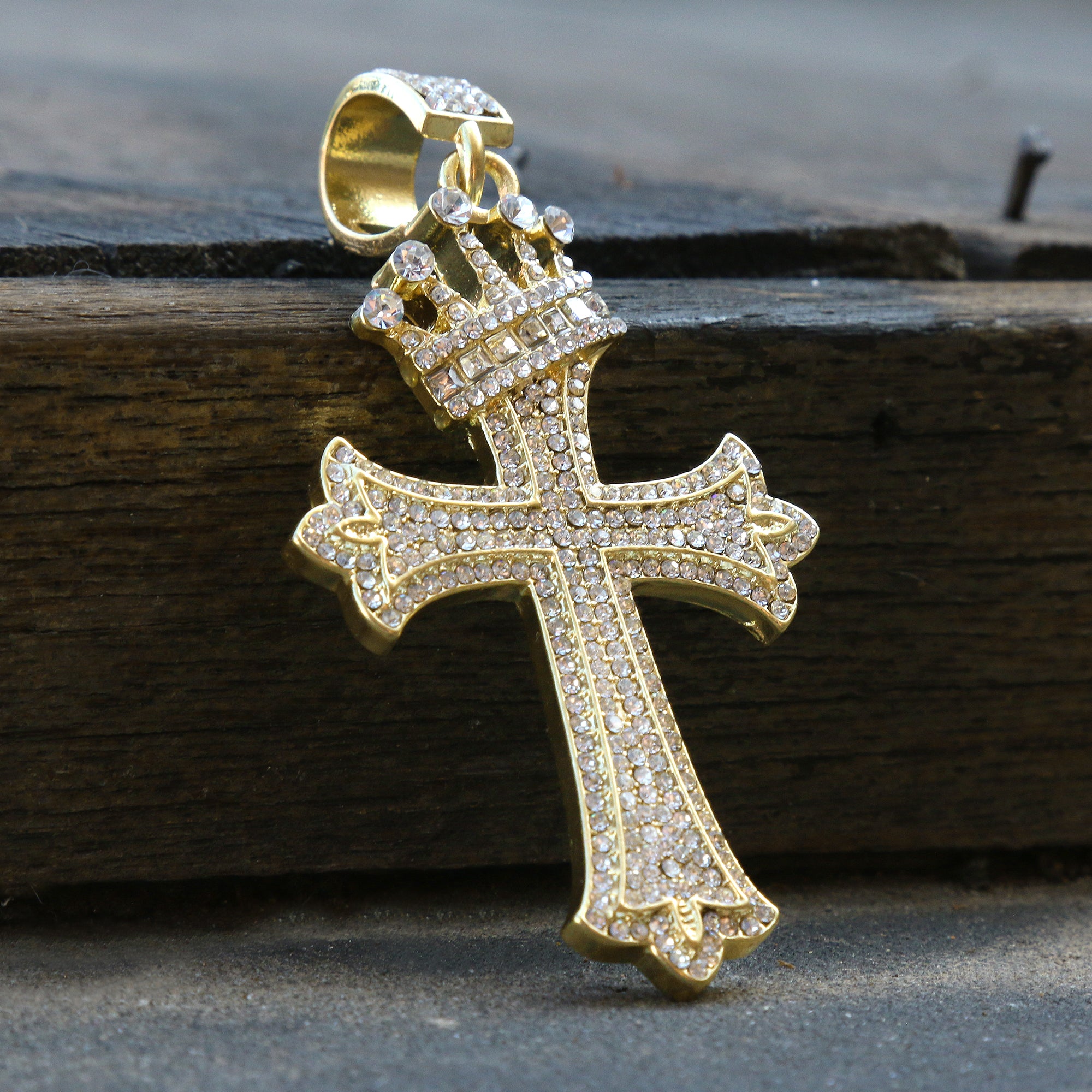 Hip Hop Iced Lab Diamond 18k Gold Plated Sharp Two Cross Charm Pendant