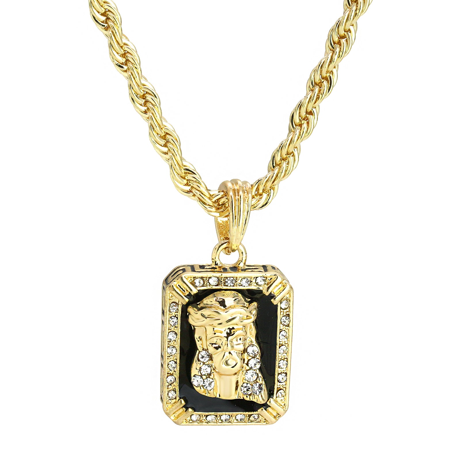 Black Ruby Jesus Face Pendant 24" Rope Chain Men's 18k Gold Plated Jewelry