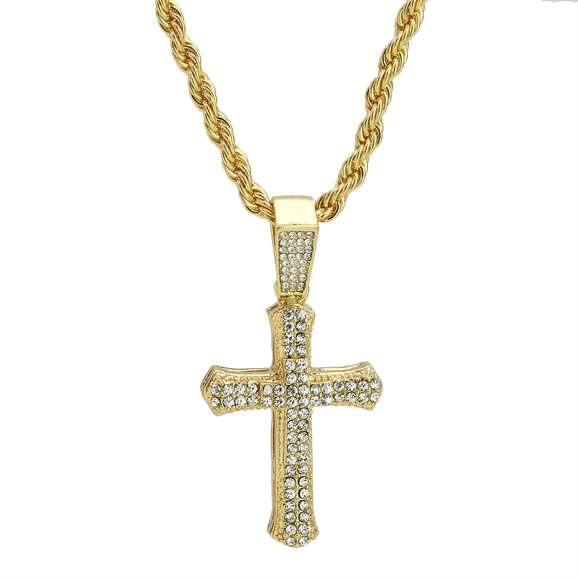 Sharp Two Cross Pendant 24" Rope Chain Hip Hop 18k Cz Jewelry Necklace