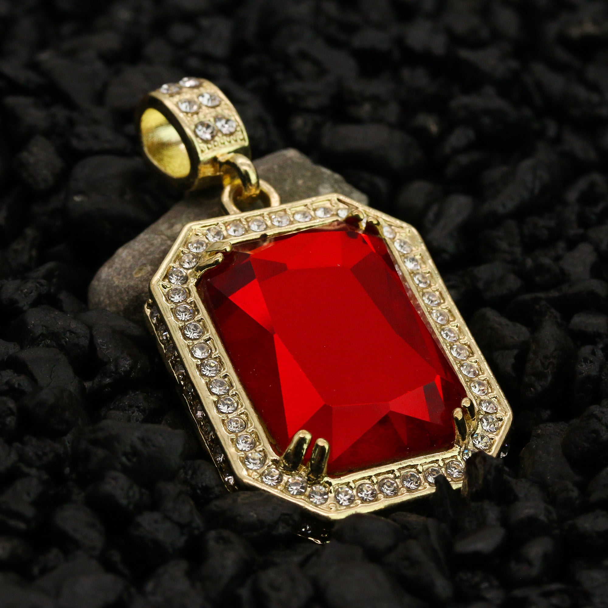 Cz Red Ruby Pendant 24" Rope Chain Hip Hop 18k Cz Jewelry Necklace