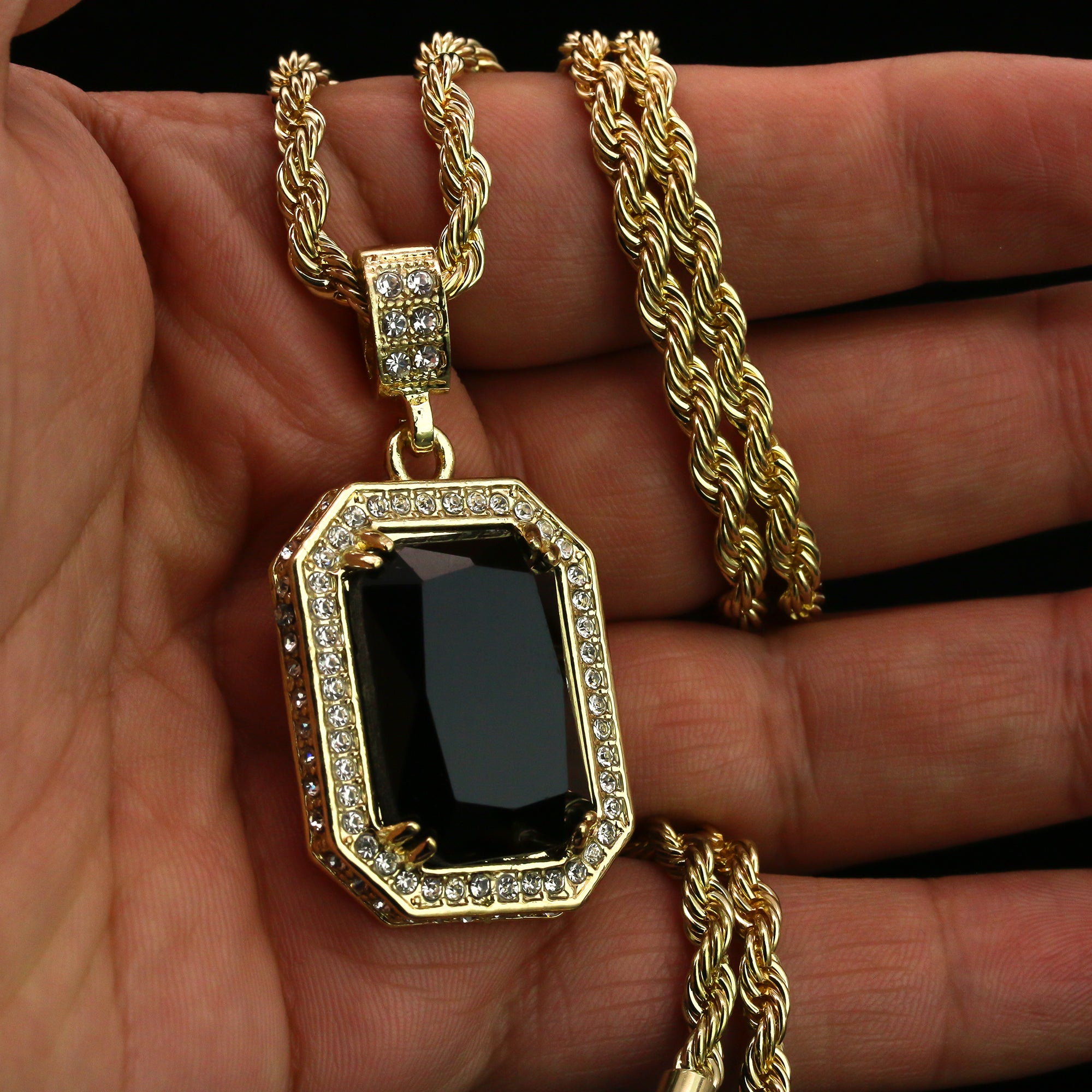 Cz Black Ruby Pendant 24" Rope Chain Hip Hop 18k Cz Jewelry Necklace