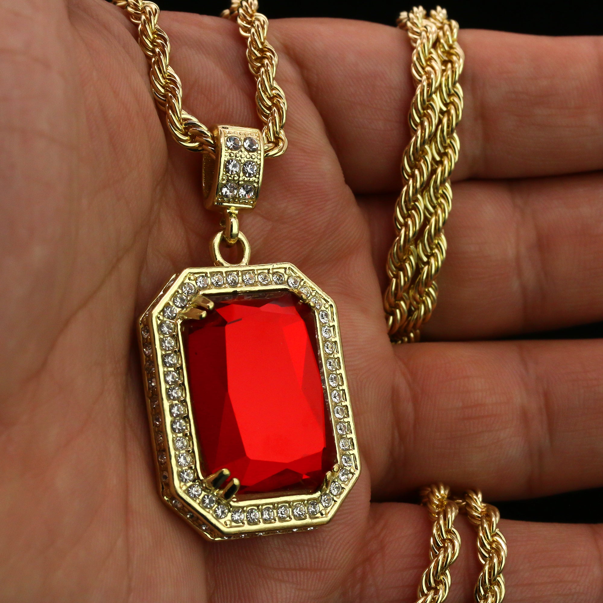 Cz Red Ruby Pendant 24" Rope Chain Hip Hop 18k Cz Jewelry Necklace