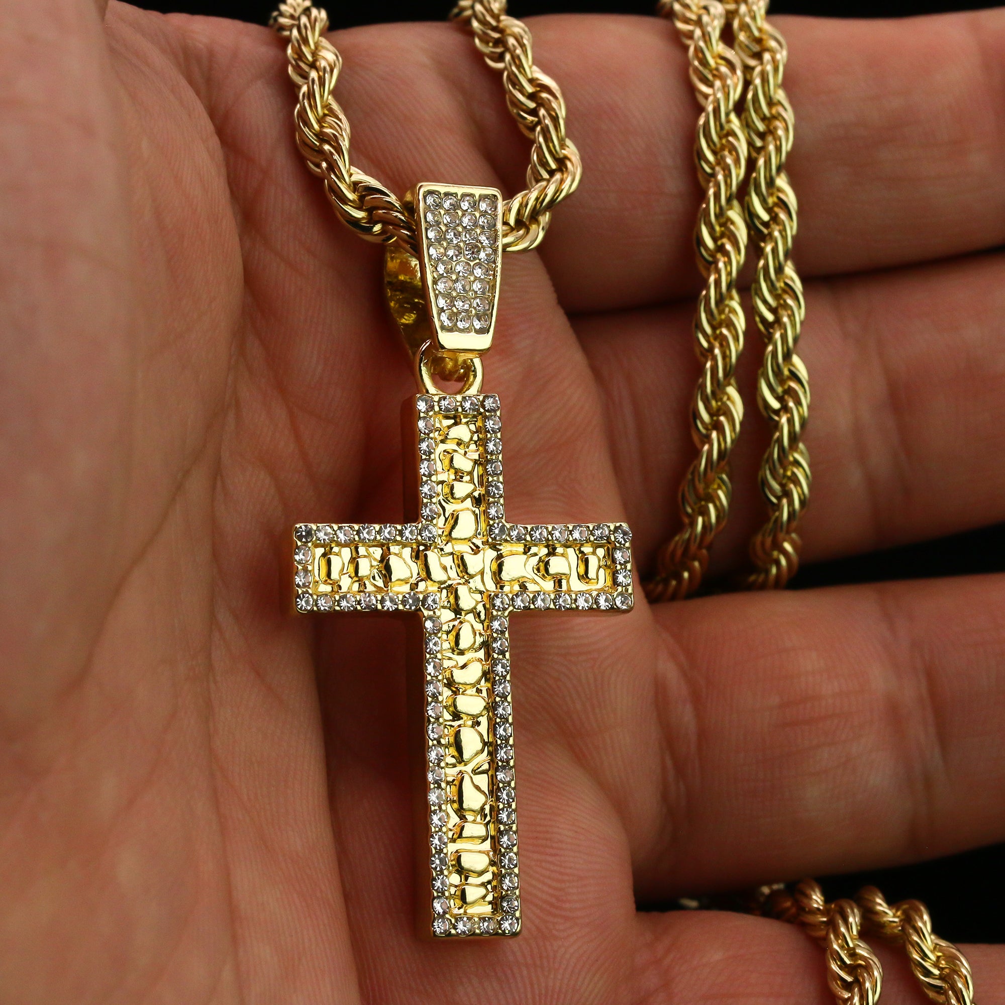 Cz Nugget Cross Pendant 24" Rope Chain Hip Hop 18k Cz Jewelry Necklace
