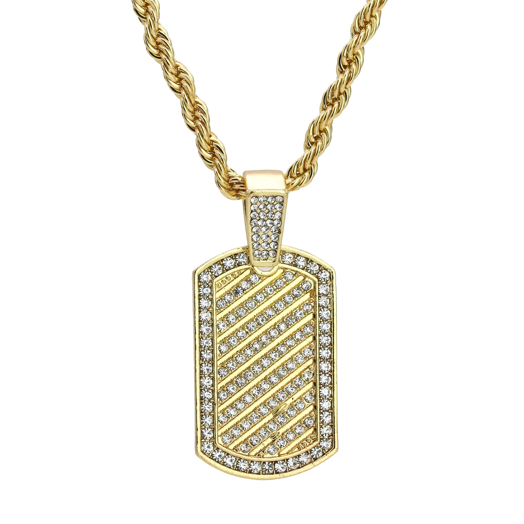 Cz Lined Dog Tag Pendant 24" Rope Chain Hip Hop 18k Cz Jewelry Necklace
