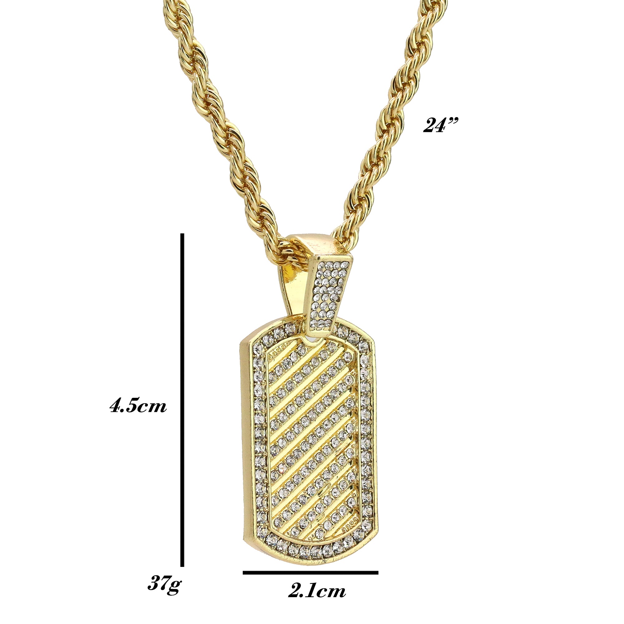 Cz Lined Dog Tag Pendant 24" Rope Chain Hip Hop 18k Cz Jewelry Necklace