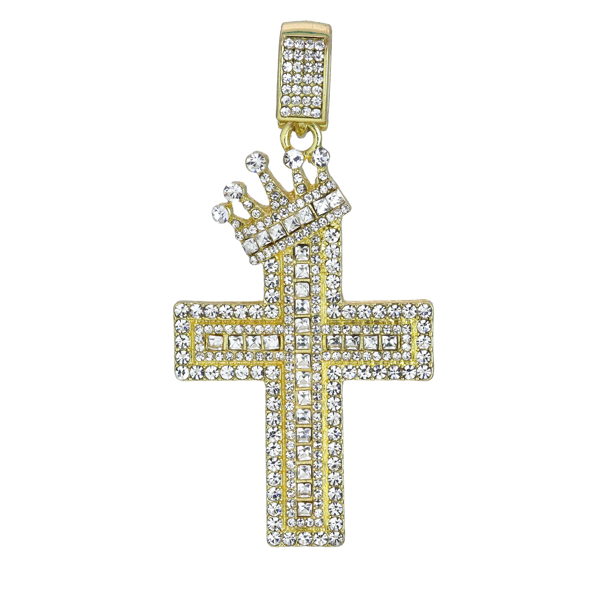 Hip Hop Iced Lab Diamond 18k Gold Plated Baguette Two Cross Crown Charm Pendant