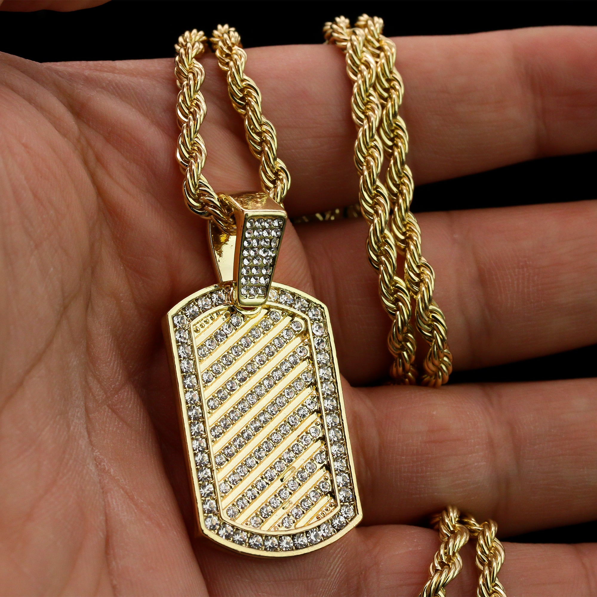 Cz Lined Dog Tag Pendant 24" Rope Chain Hip Hop 18k Cz Jewelry Necklace