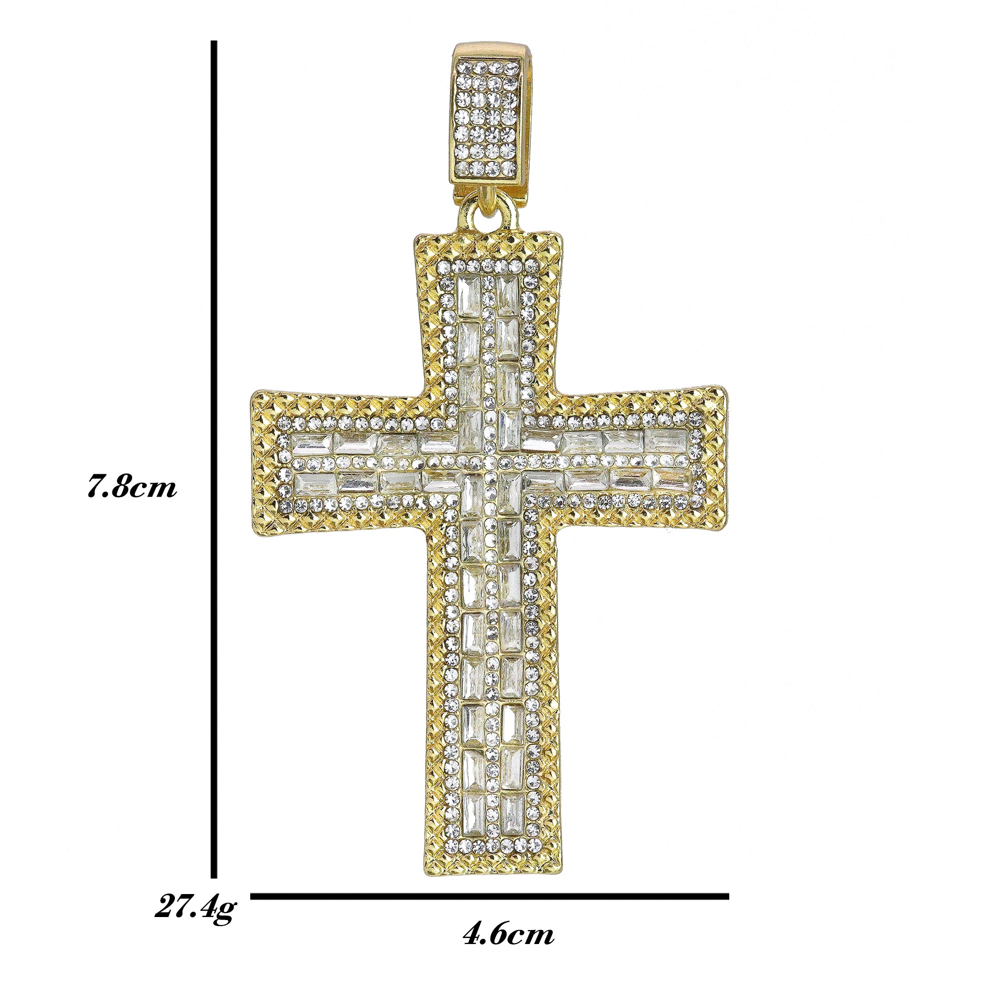 Hip Hop Iced Lab Diamond 18k Gold Plated Flat Baguette Cross Charm Pendant