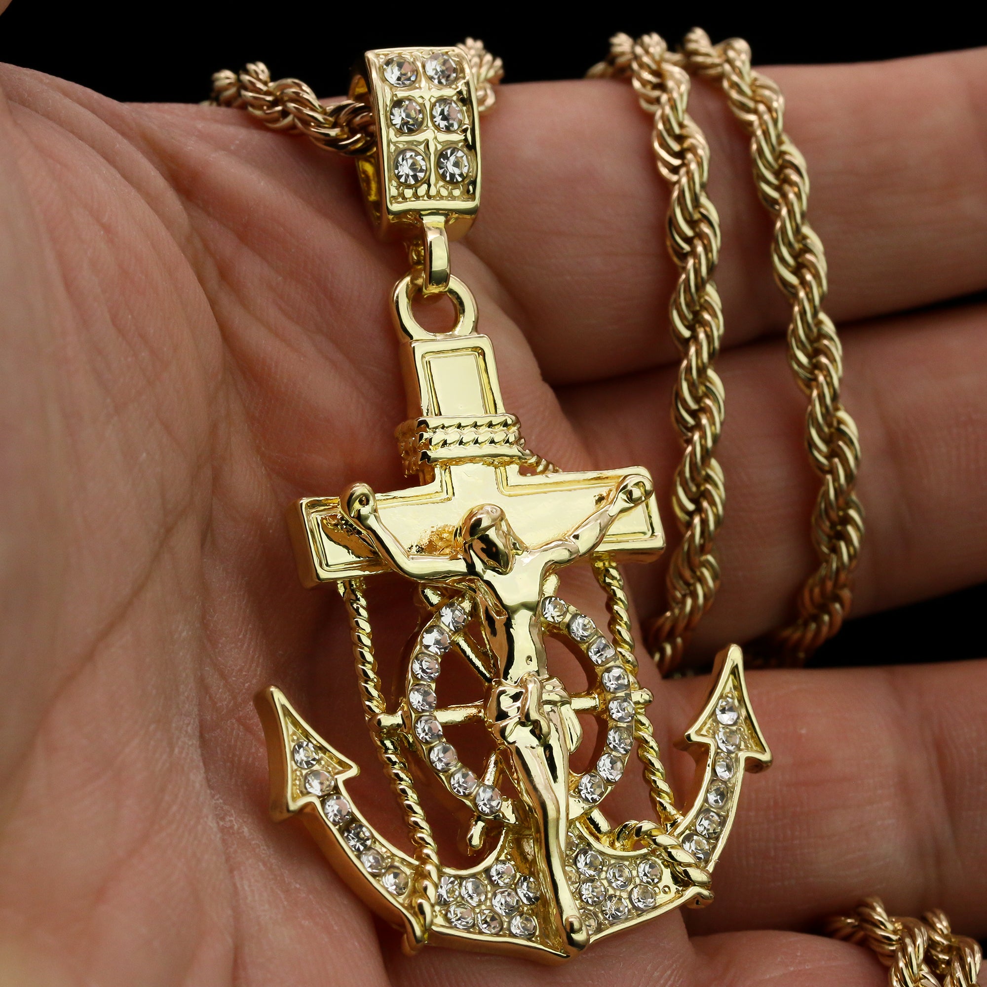 Jesus Anchor Pendant 24" Rope Chain Hip Hop 18k Cz Jewelry Necklace