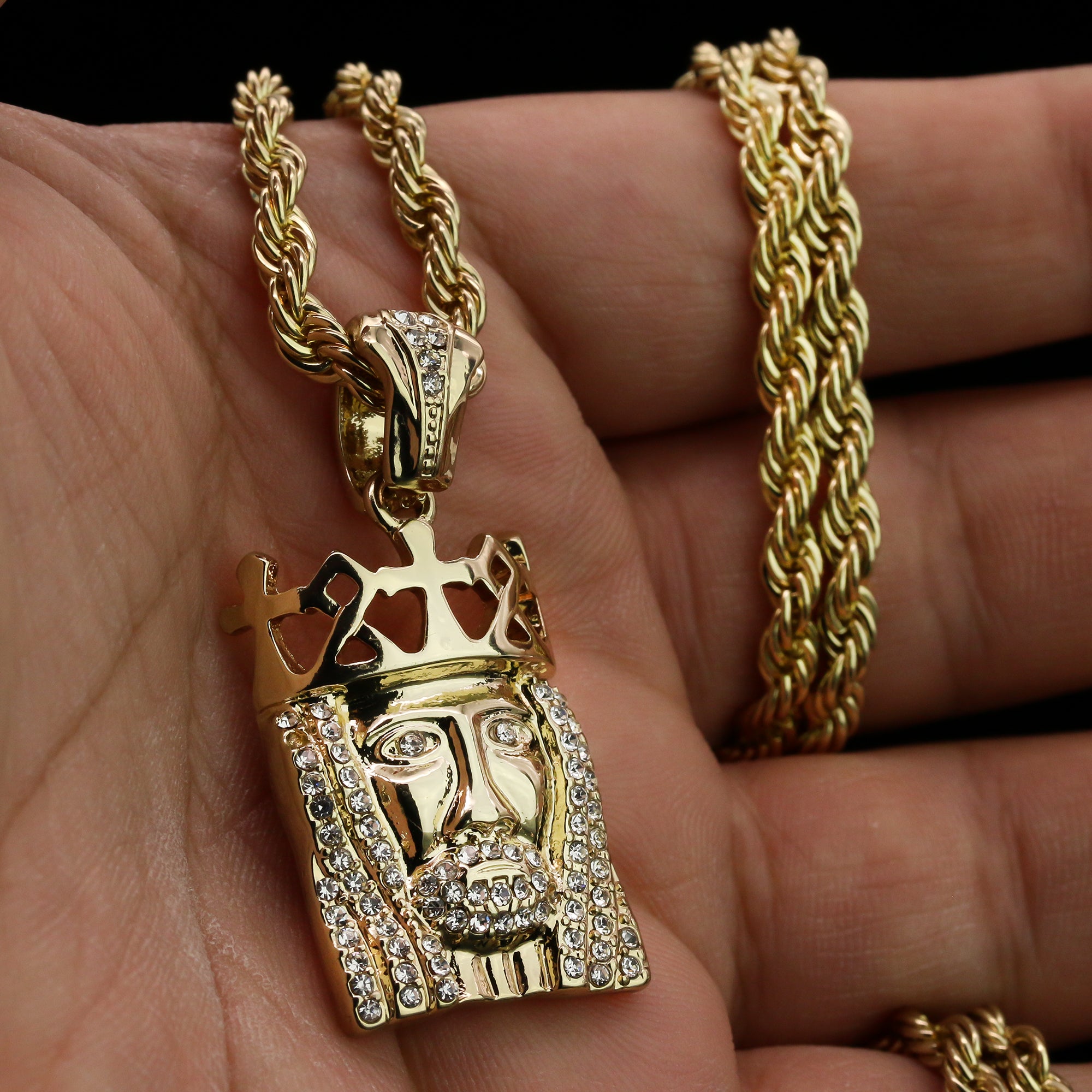 Mini Royal Crown Jesus Pendant 24" Rope Chain Hip Hop 18k Cz Jewelry Necklace