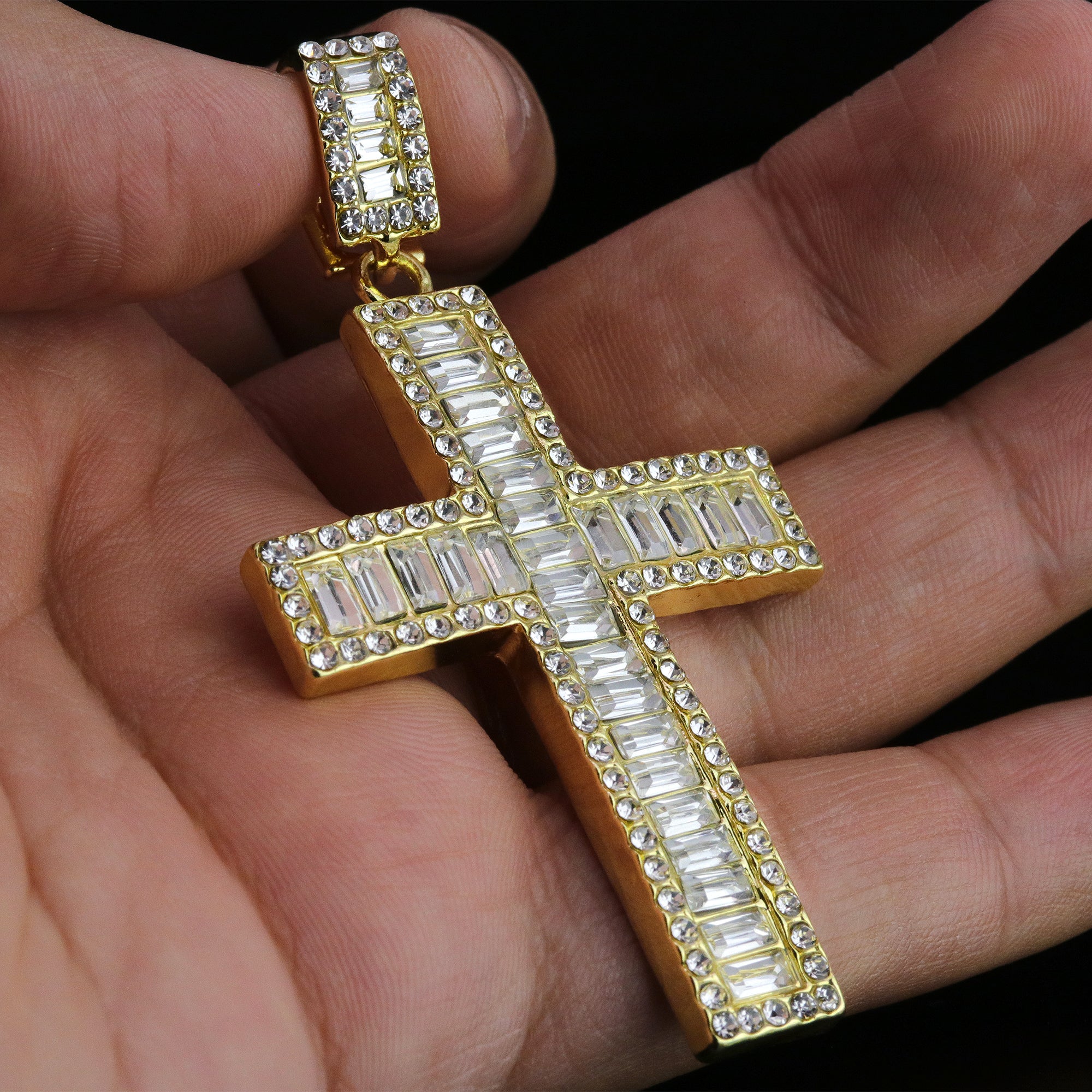 Hip Hop Iced Lab Diamond 18k Gold Plated Thick Baguette cross Charm Pendant