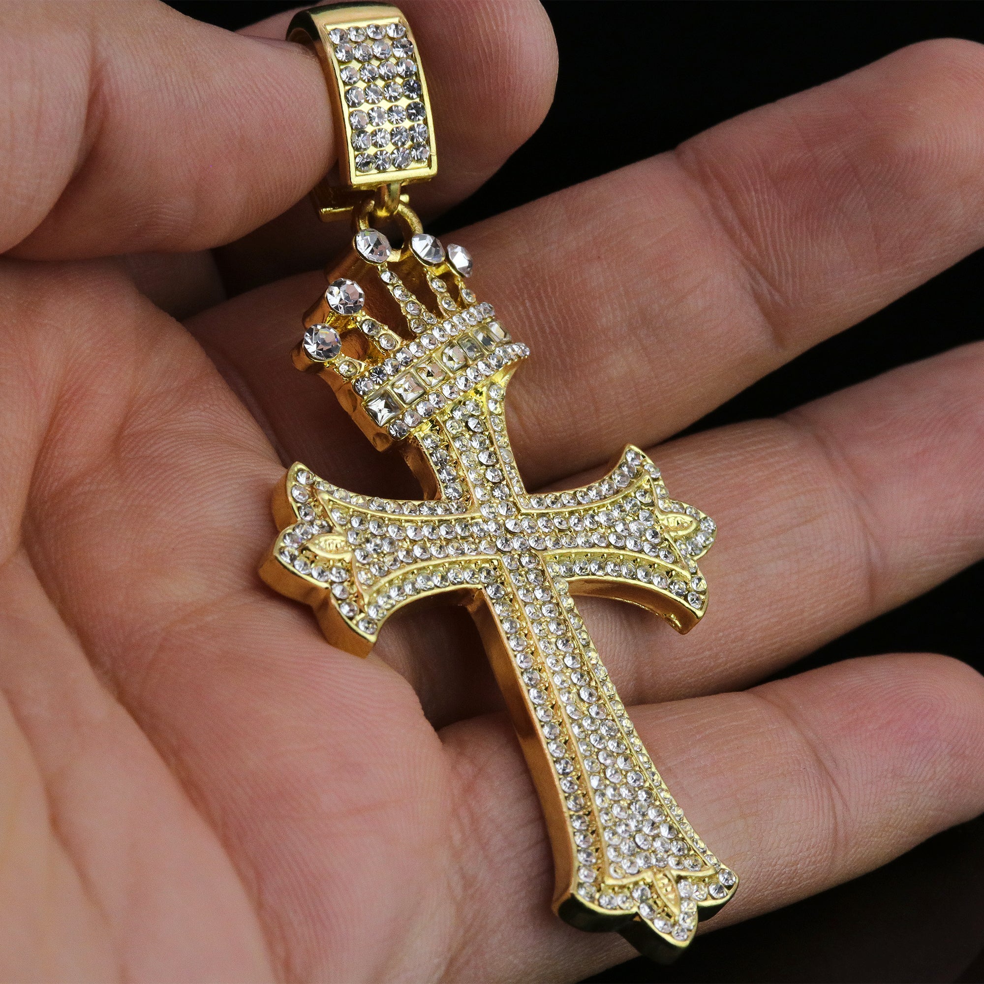 Hip Hop Iced Lab Diamond 18k Gold Plated Sharp Two Cross Charm Pendant
