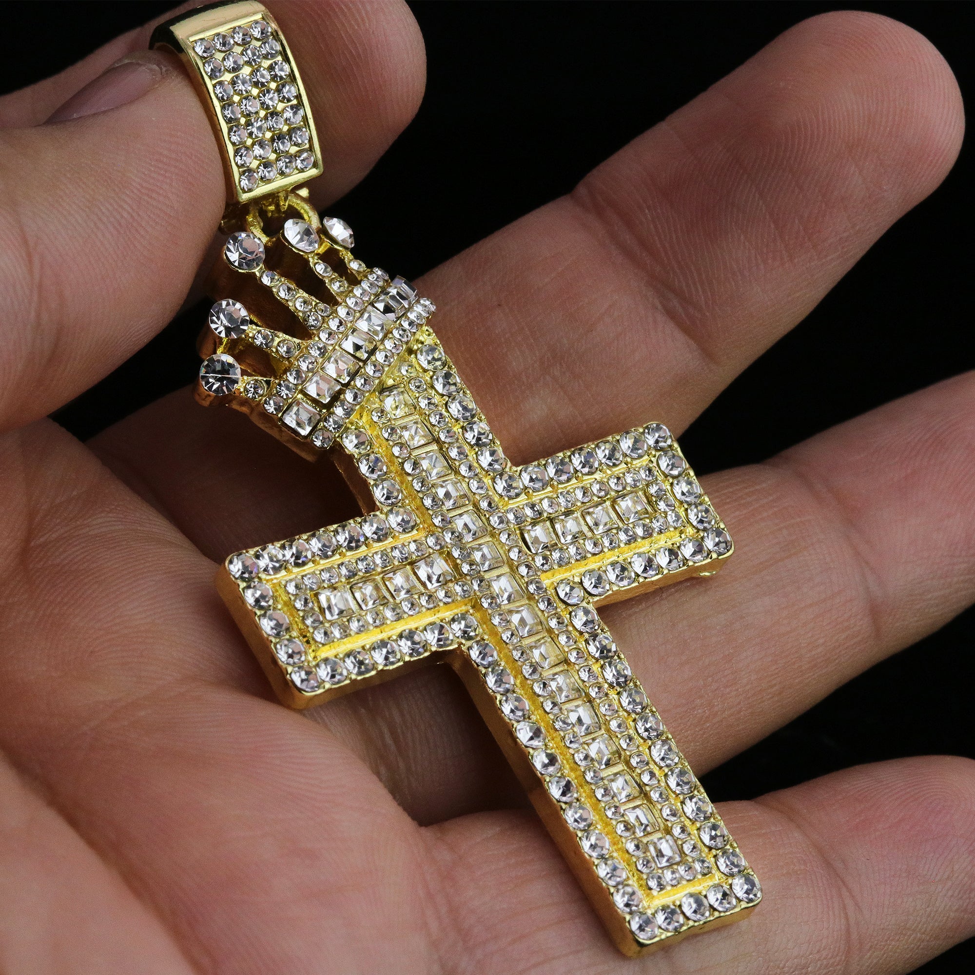 Hip Hop Iced Lab Diamond 18k Gold Plated Baguette Two Cross Crown Charm Pendant