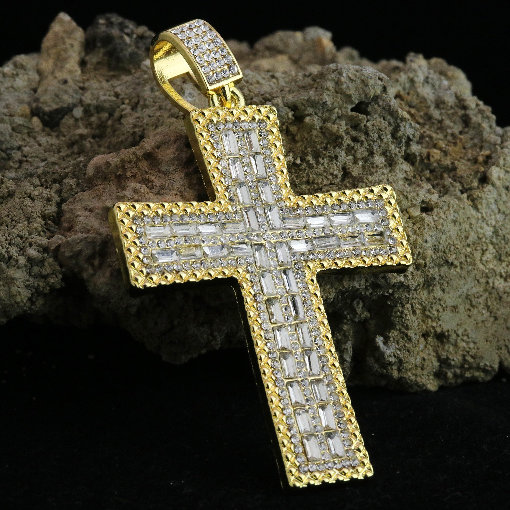 Hip Hop Iced Lab Diamond 18k Gold Plated Flat Baguette Cross Charm Pendant
