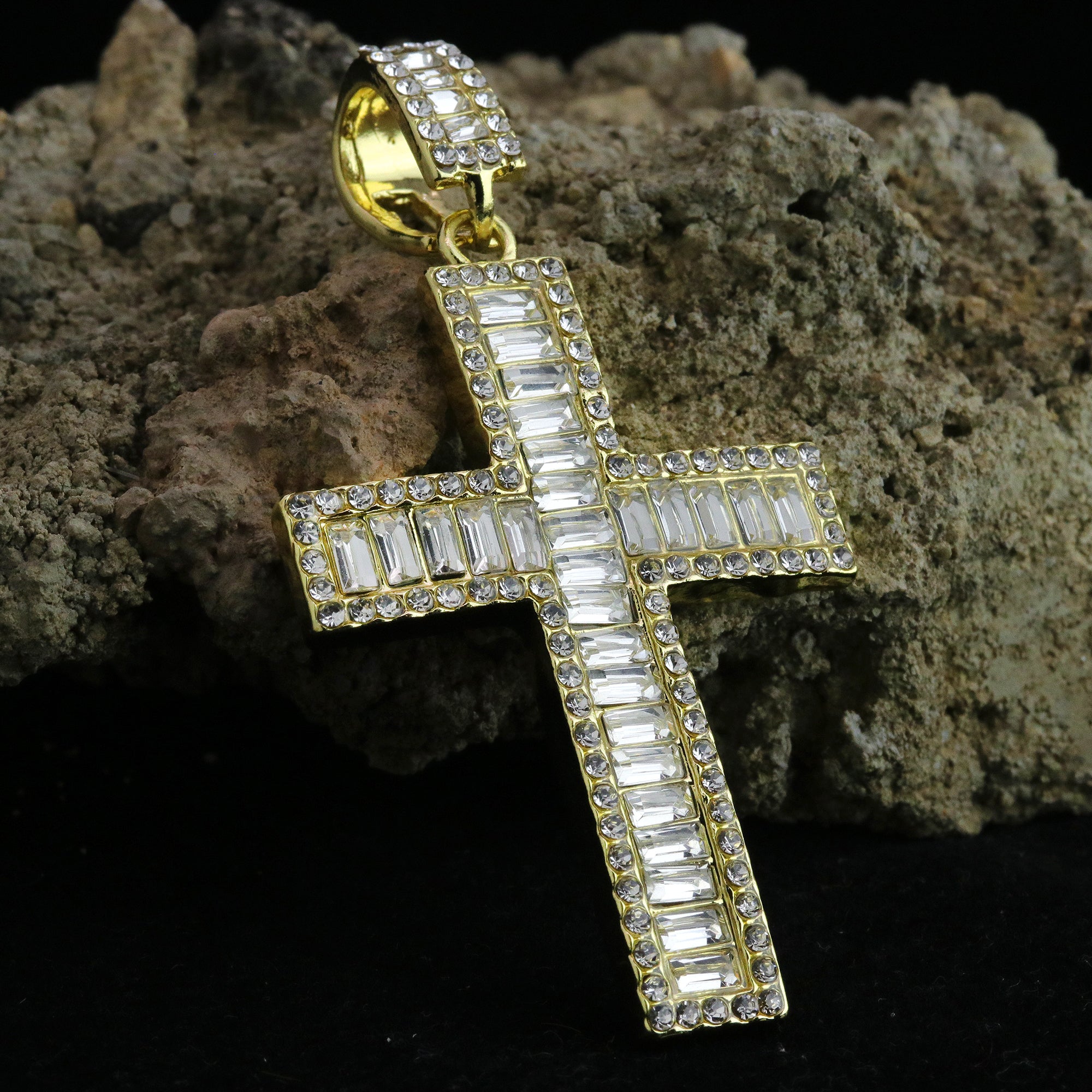 Hip Hop Iced Lab Diamond 18k Gold Plated Thick Baguette cross Charm Pendant
