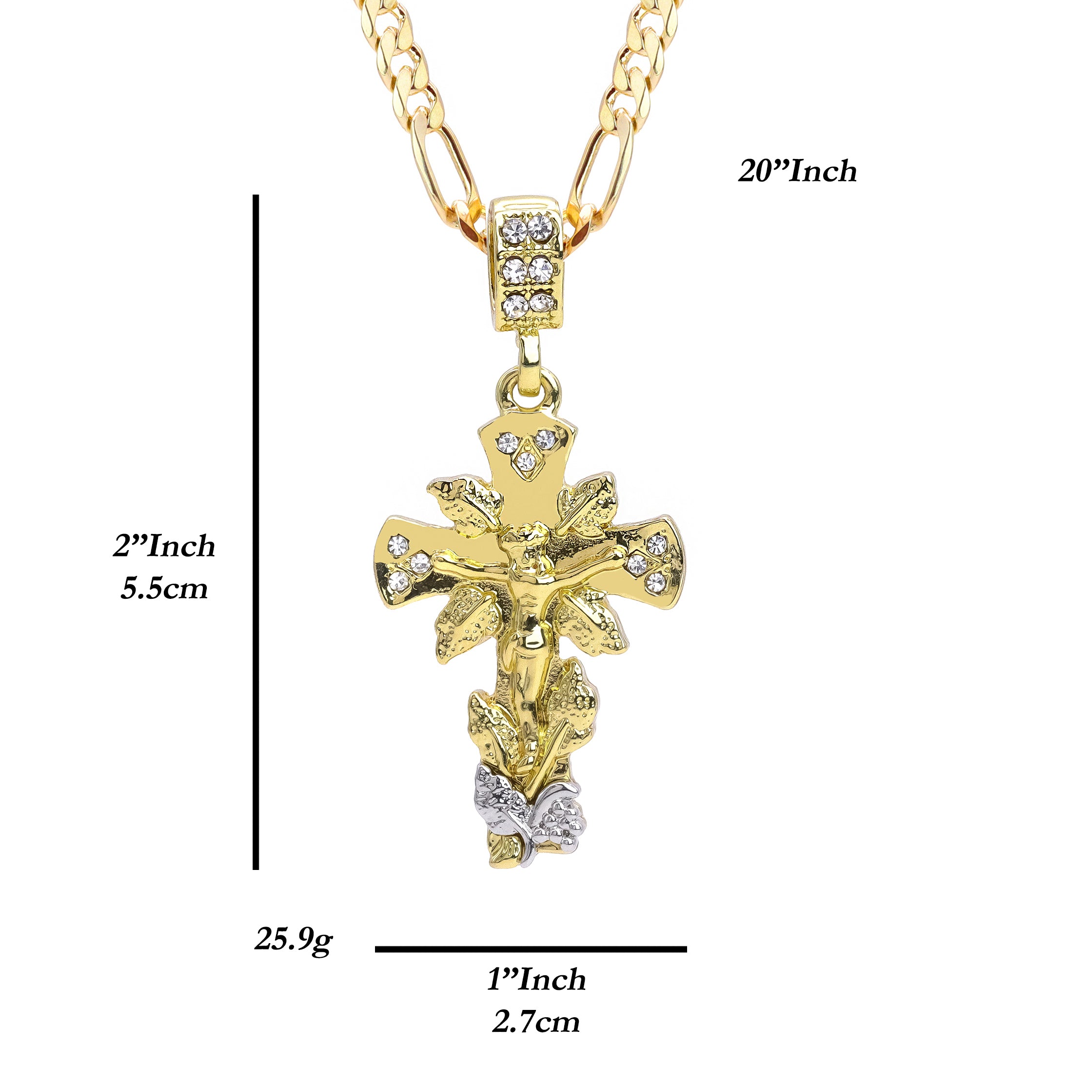 Jesus Leaf Cross Iced Pendant 20" Figaro Chain Hip Hop Style 18k Gold Plated