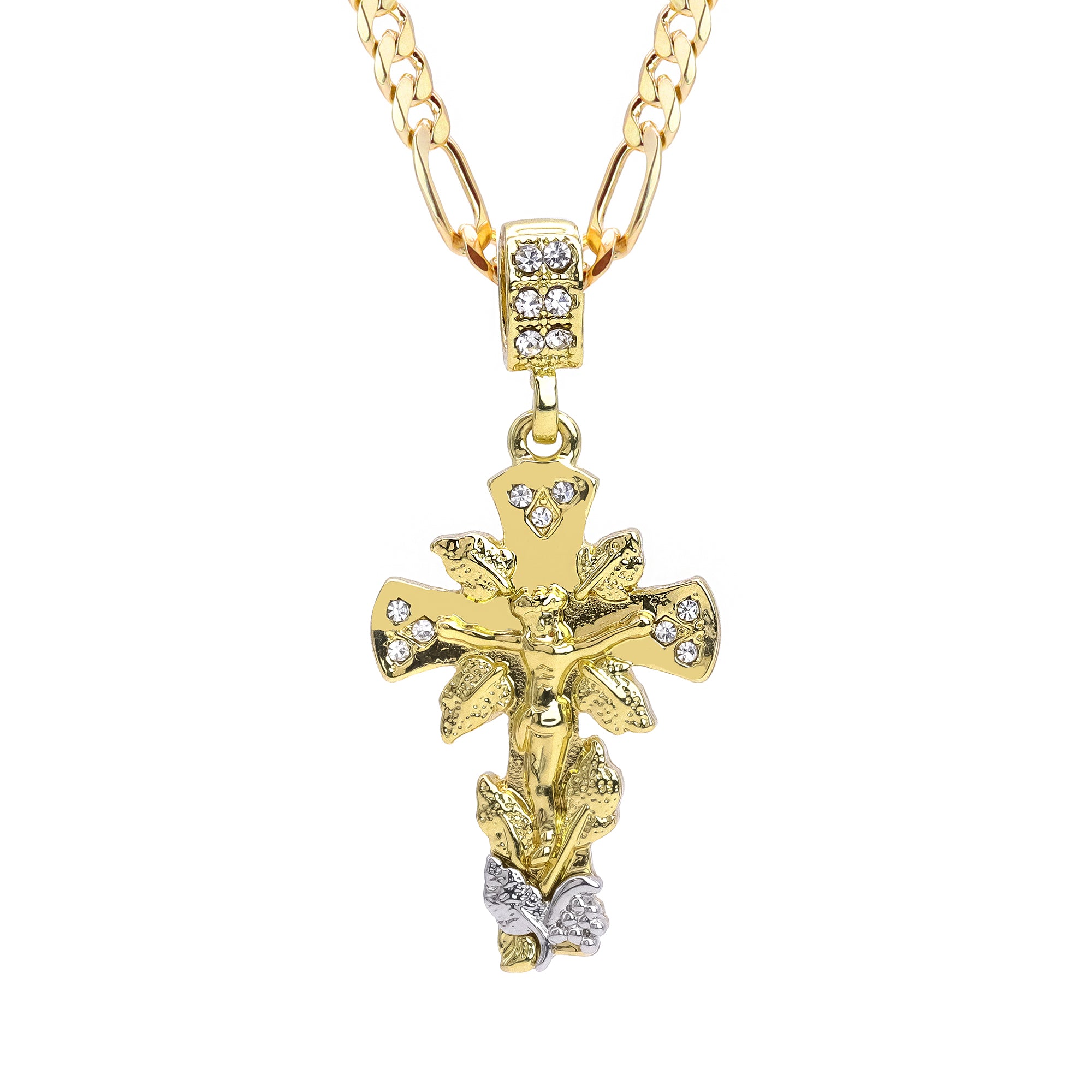 Jesus Leaf Cross Iced Pendant 20" Figaro Chain Hip Hop Style 18k Gold Plated