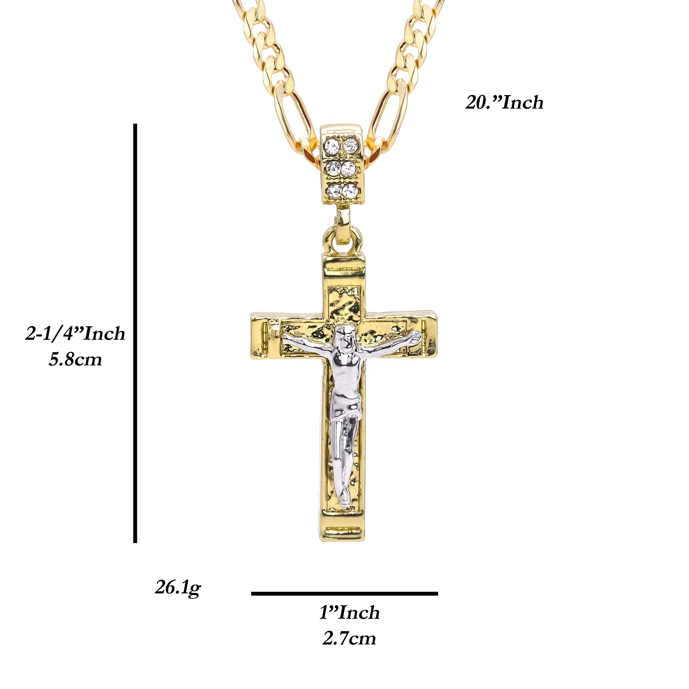 Copy of Jesus Nugget Cross Two Tone Iced Pendant 20" Figaro Chain Hip Hop Style 18k Gold Plated