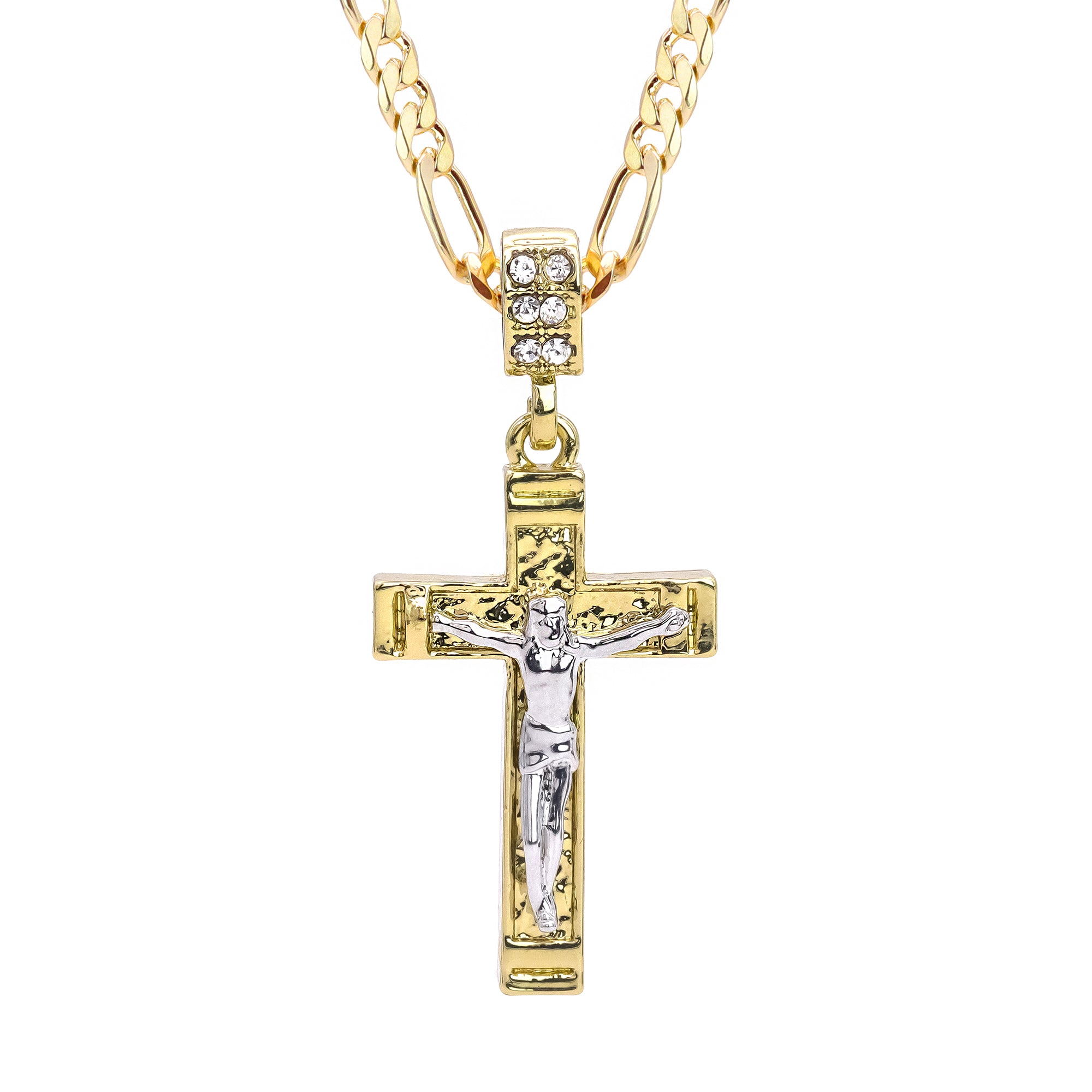 Copy of Jesus Nugget Cross Two Tone Iced Pendant 20" Figaro Chain Hip Hop Style 18k Gold Plated